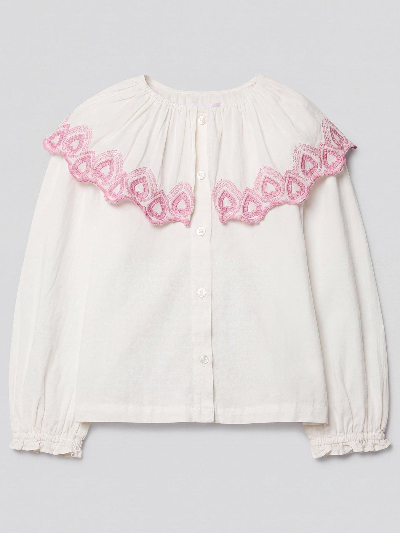 The Very Collection Girls Heart Embroidery Collar Shirt - White