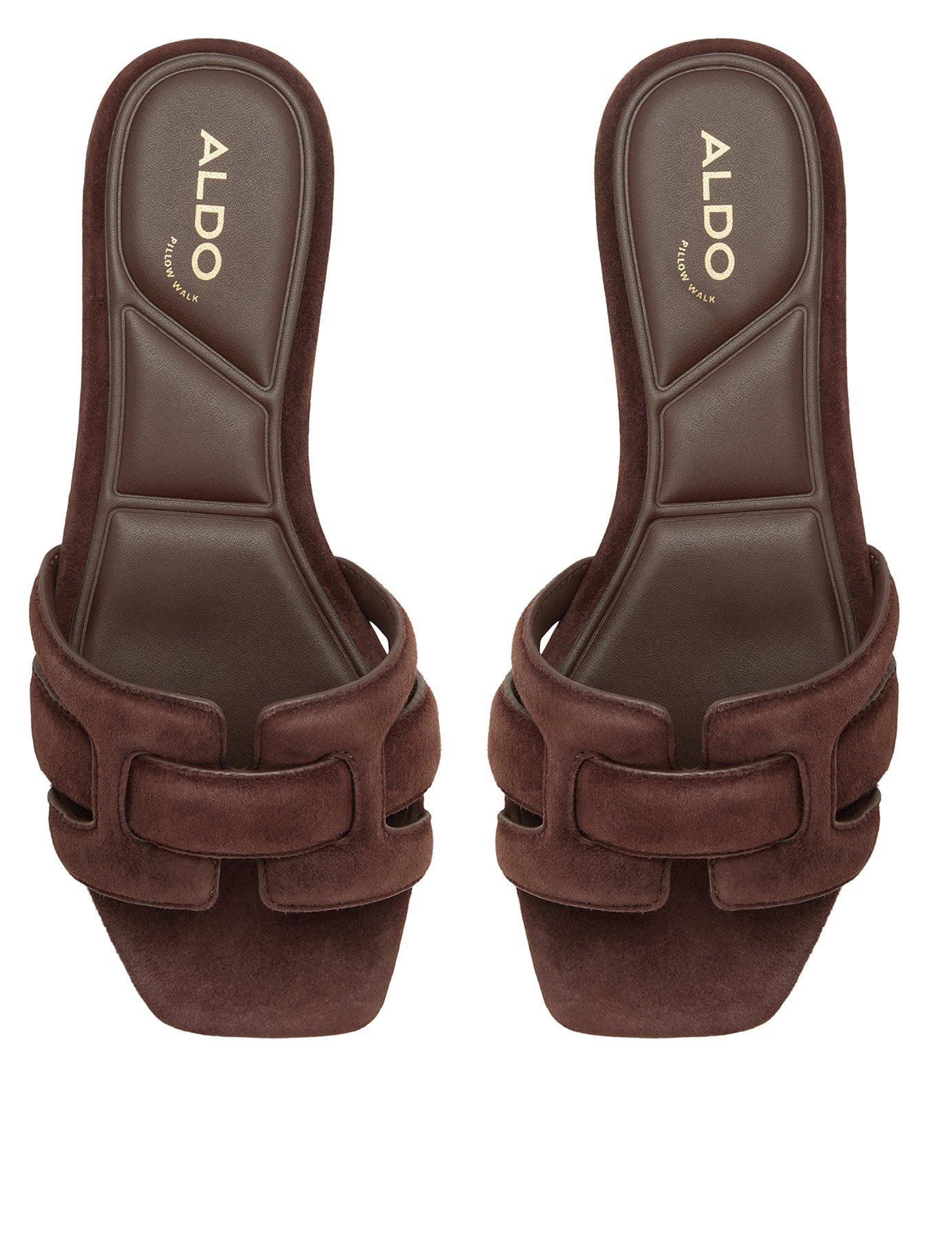 Aldo Elenaria Leather Flat Sandals - Dark Brown