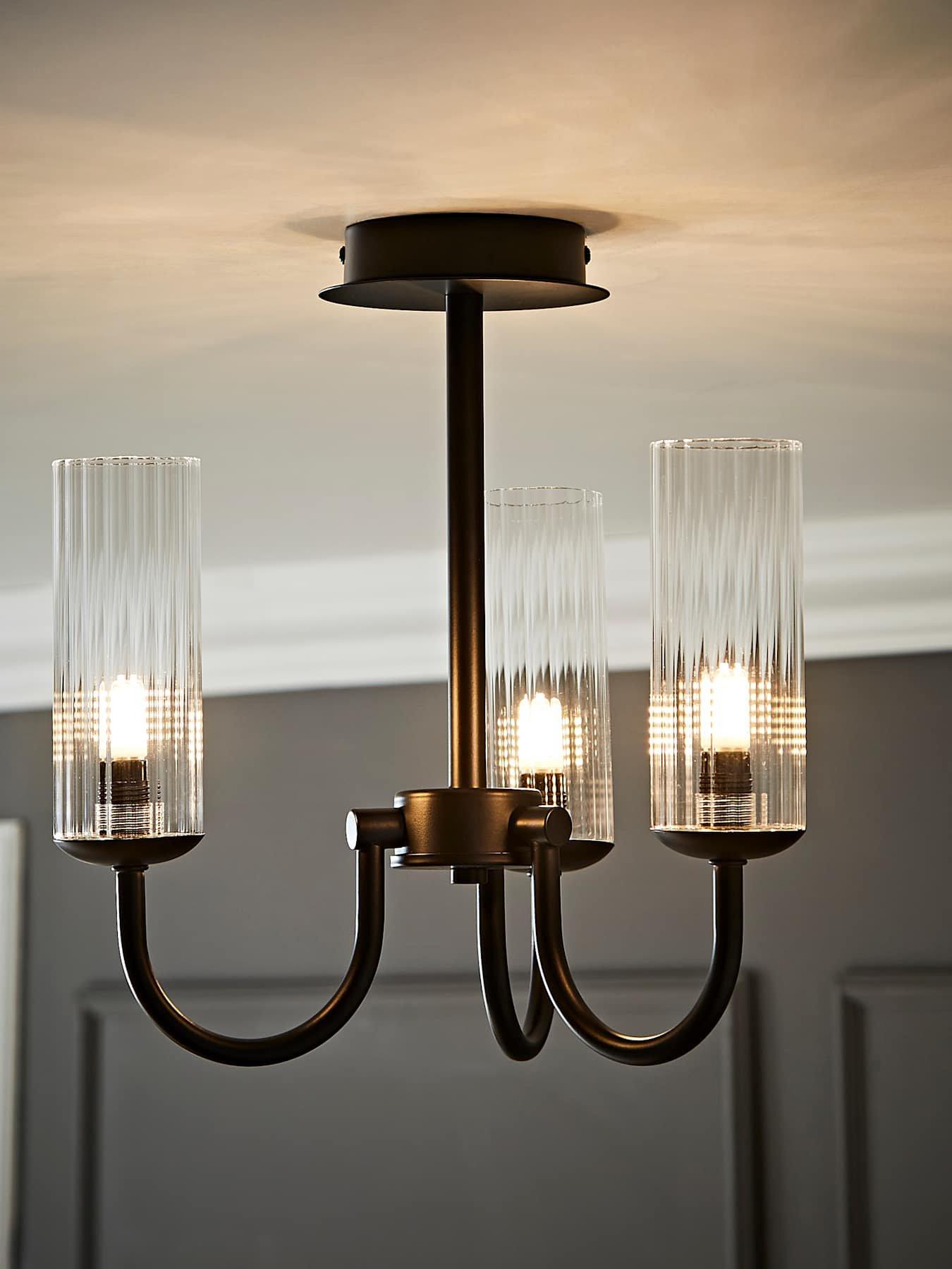 ValueLights Canya 3 Way Matte Black Ceiling Light Chandelier With Clear Ribbed Shades
