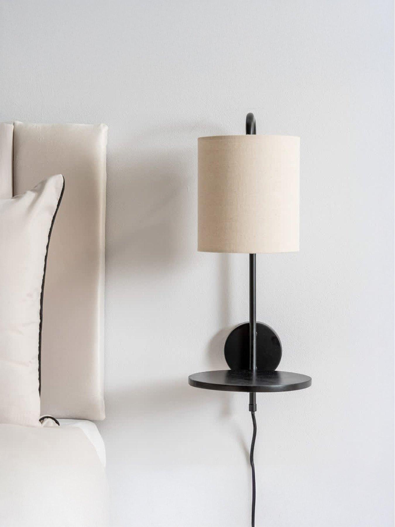 ValueLights Ryan Natural Linen Lamp Shade Black Metal Wall With Black Wood Shelf