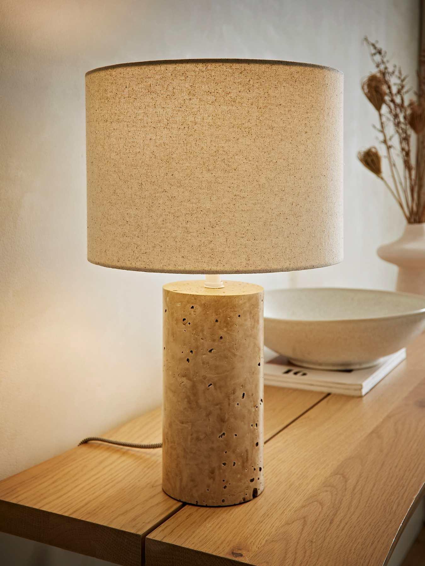 ValueLights Chloe Natural Marble Effect Bedside Table Lamp With Neutral Linen Shade