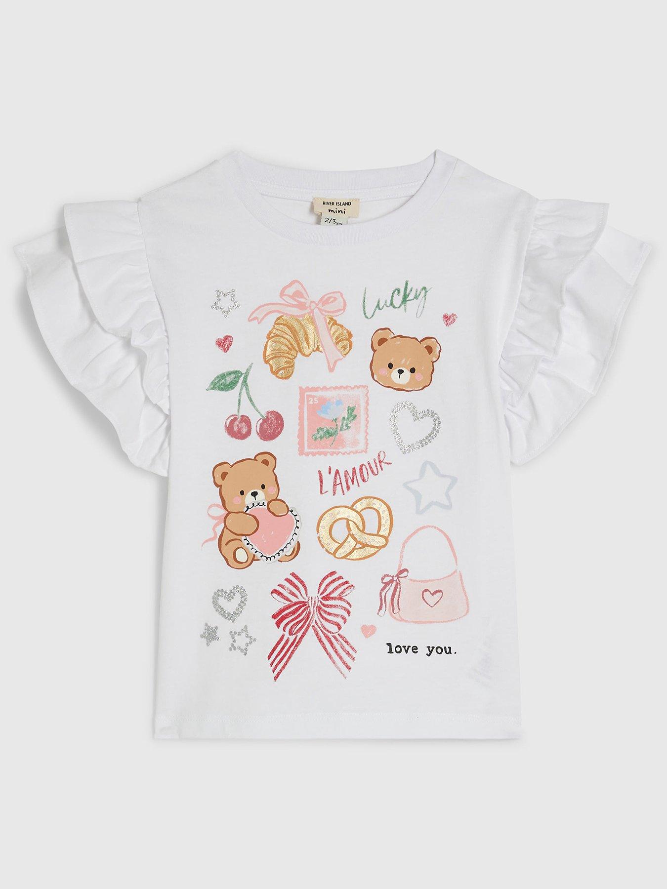 River Island Mini Girls Bear Graphic Frill Top - White