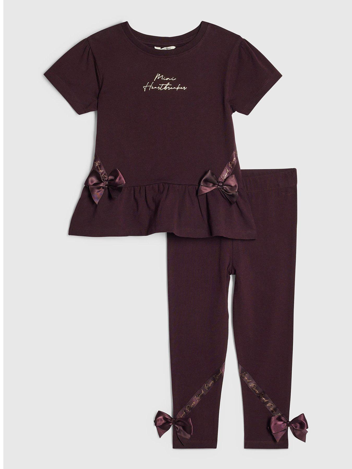 River Island Mini Girls Satin Bow T-Shirt Set - Burgundy in Red