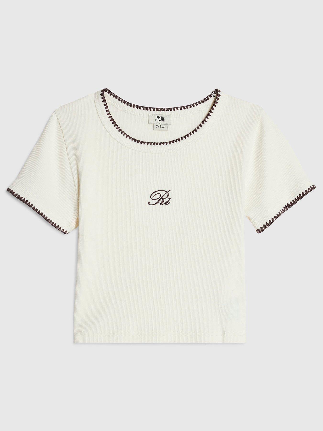 Image 1 of 4 of River Island Girls Whipstitch T-Shirt - Cream