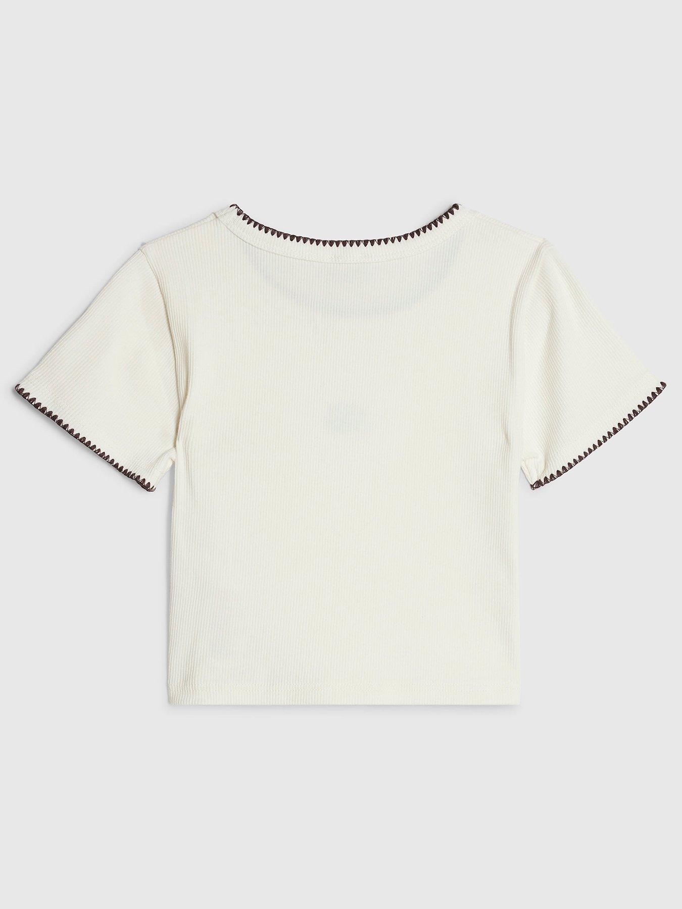 Image 2 of 4 of River Island Girls Whipstitch T-Shirt - Cream