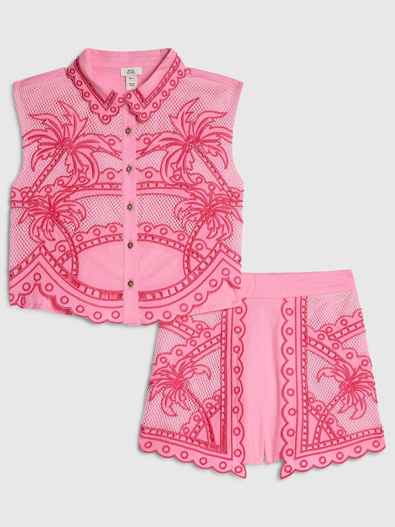 River Island Older Girls Palm Tree Shirt And Shorts Set - Pink