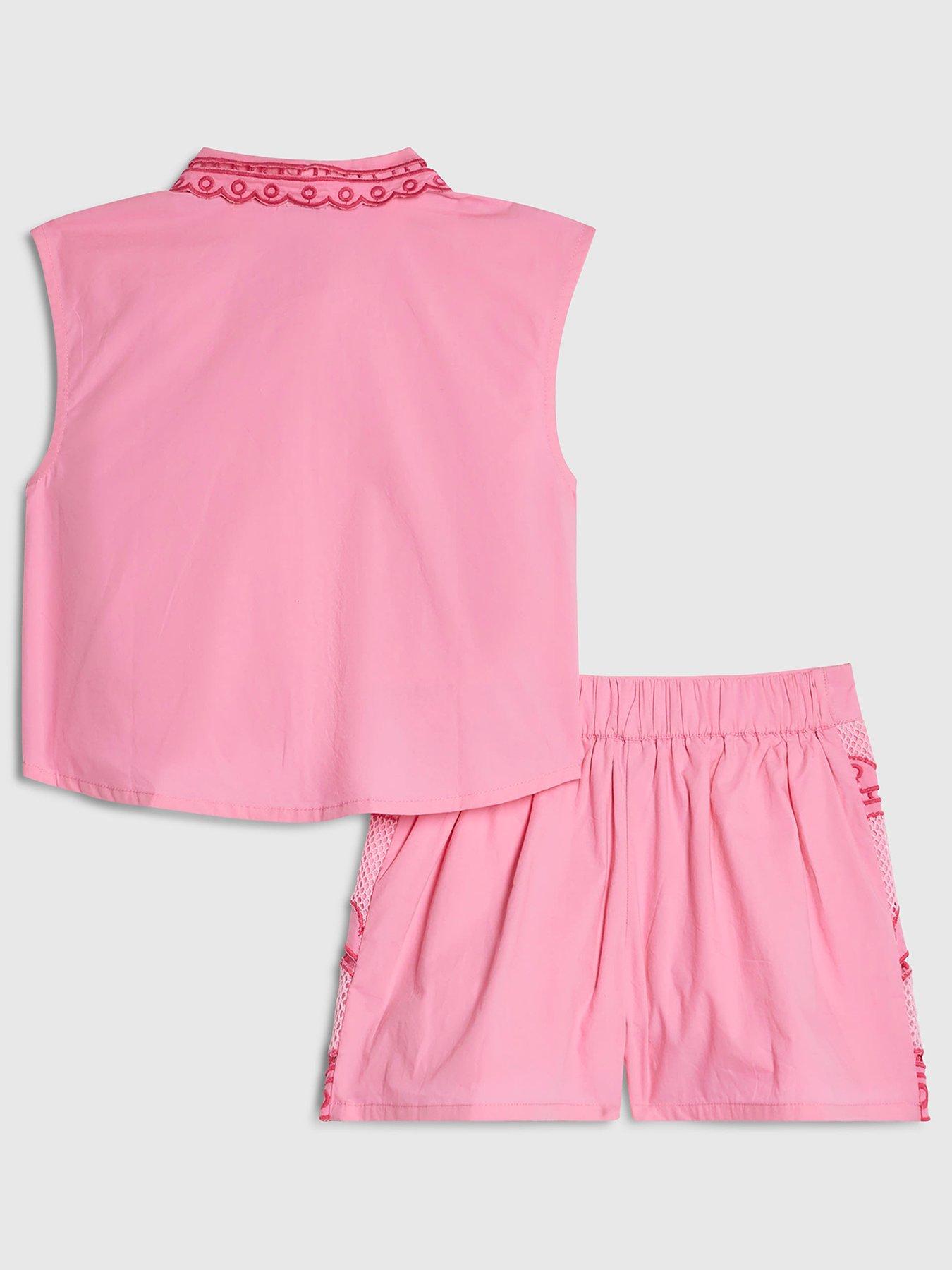Image 2 of 5 of River Island Older Girls Palm Tree Shirt And Shorts Set - Pink