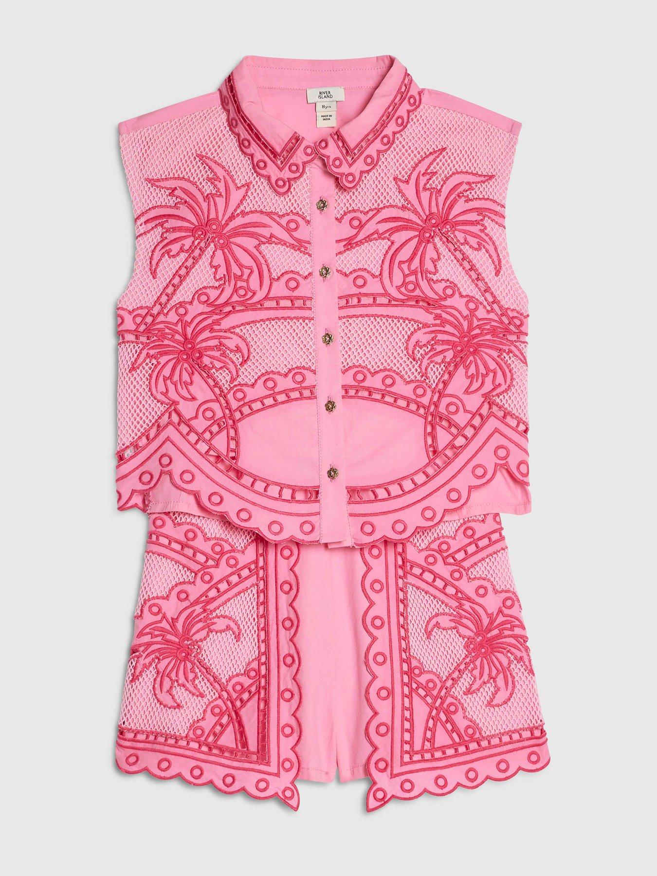 Image 3 of 5 of River Island Older Girls Palm Tree Shirt And Shorts Set - Pink