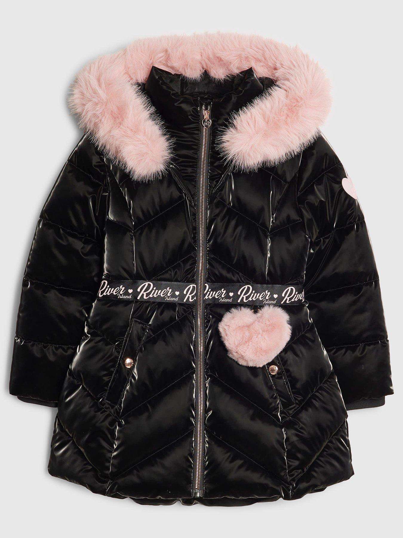 Image 1 of 4 of River Island Girls Padded High Shine Coat - Black