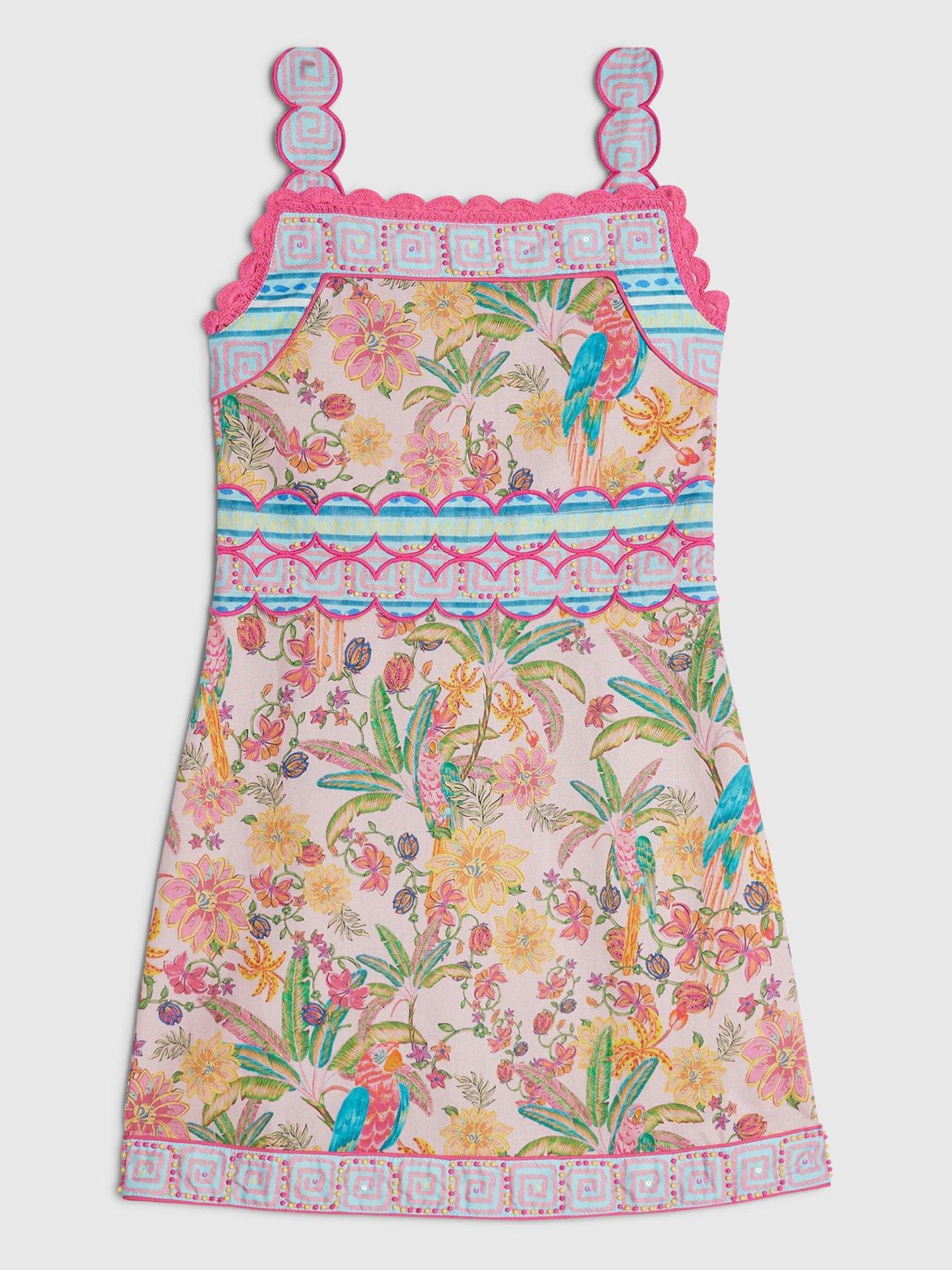 River Island Older Girls Beaded Parrot Print Dress - Multi