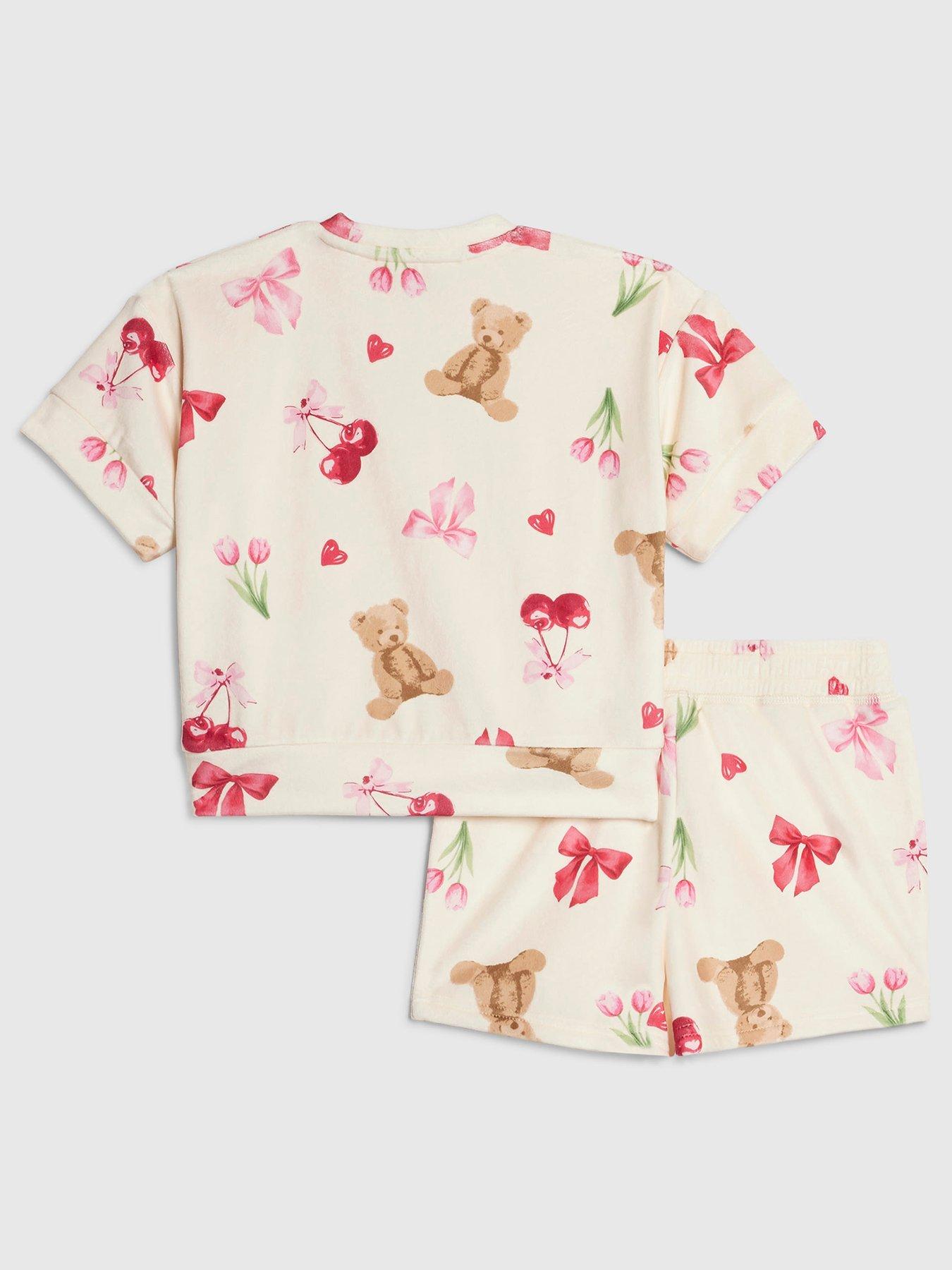 Image 2 of 5 of River Island Girls Velour Bear Print Pyjamas Set - Cream