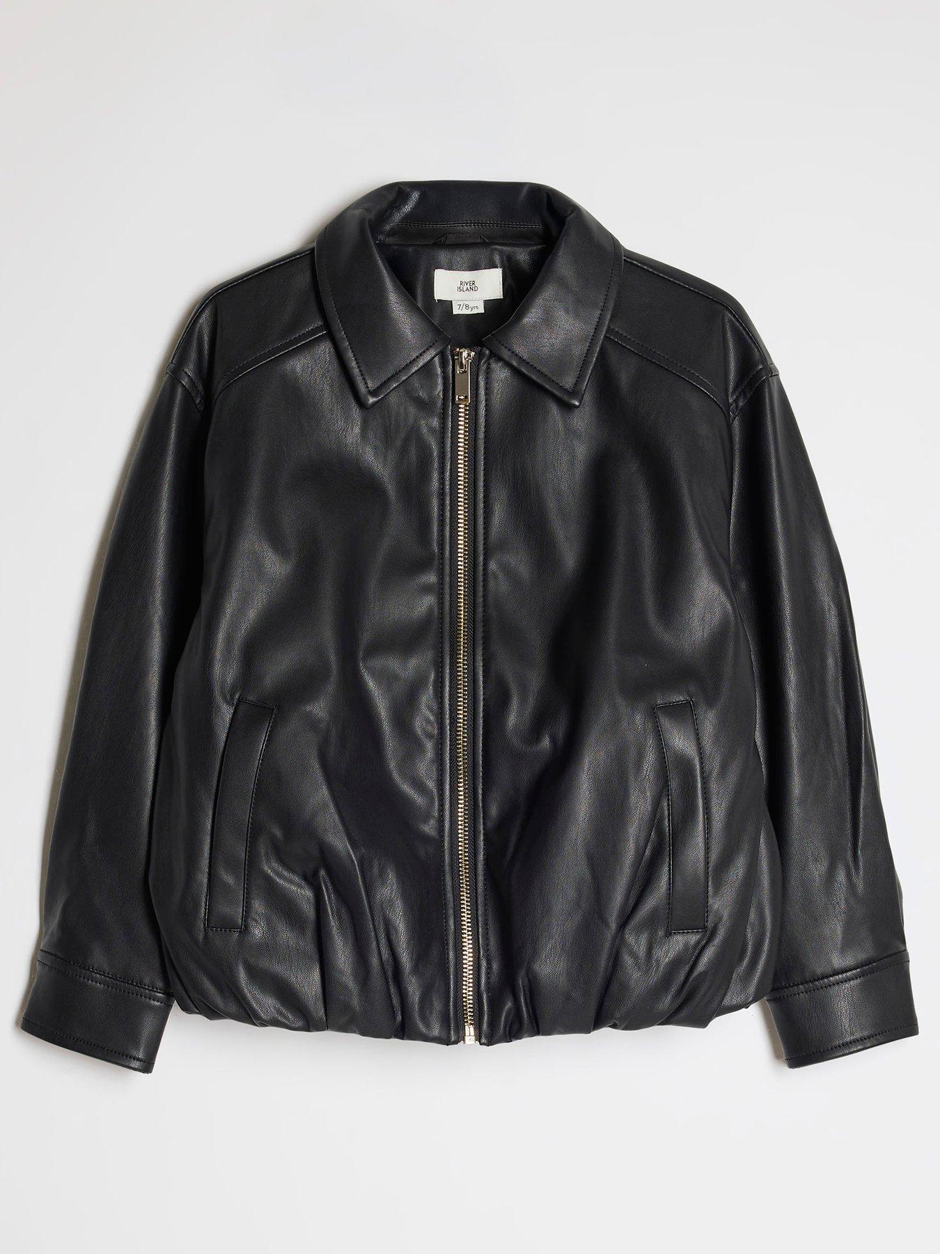 Image 1 of 4 of River Island Girls Faux Leather Bubble Bomber Jacket - Black