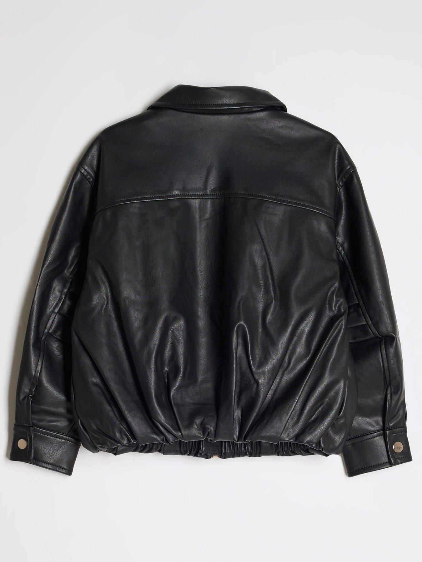 Image 2 of 4 of River Island Girls Faux Leather Bubble Bomber Jacket - Black