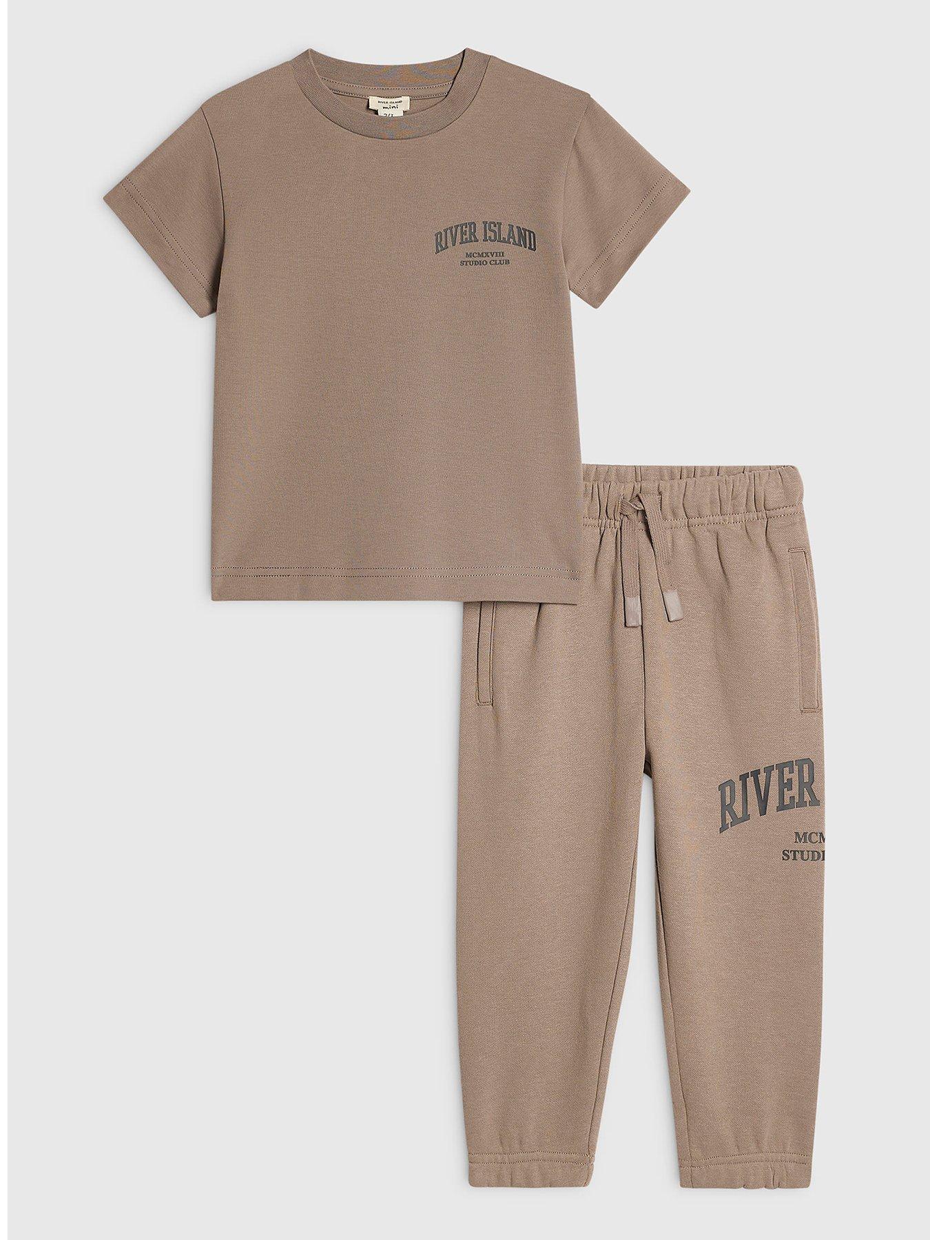 Image 1 of 5 of River Island Mini Mini Boys Brown Ri T-shirt And Joggers Set - Brown