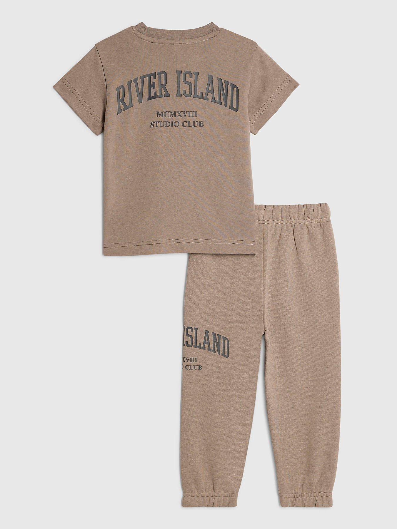 Image 2 of 5 of River Island Mini Mini Boys Brown Ri T-shirt And Joggers Set - Brown