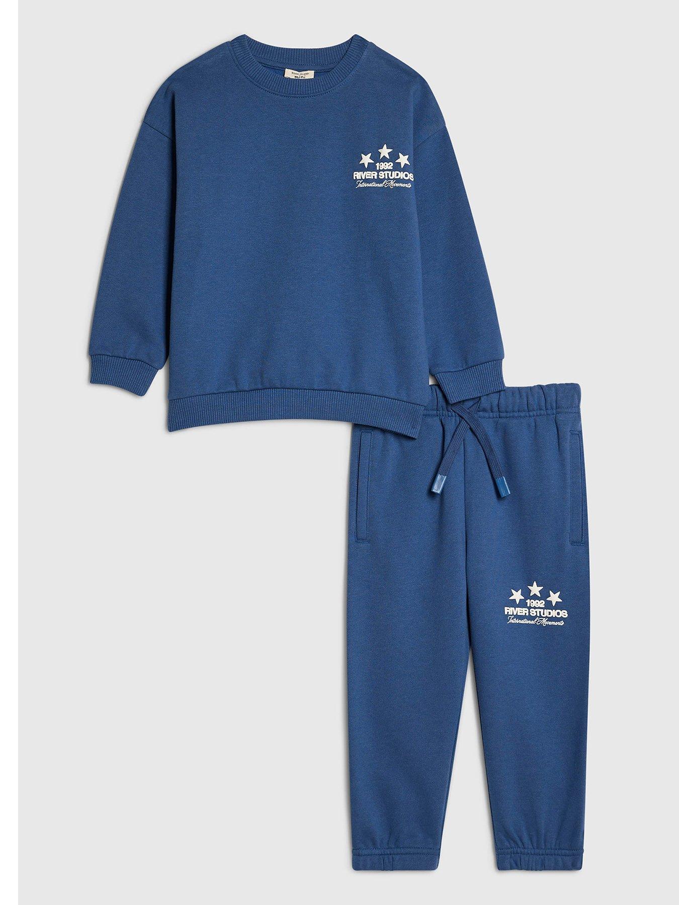 Image 1 of 5 of River Island Mini Boys River Studios Logo Sweatshirt Set - Blue