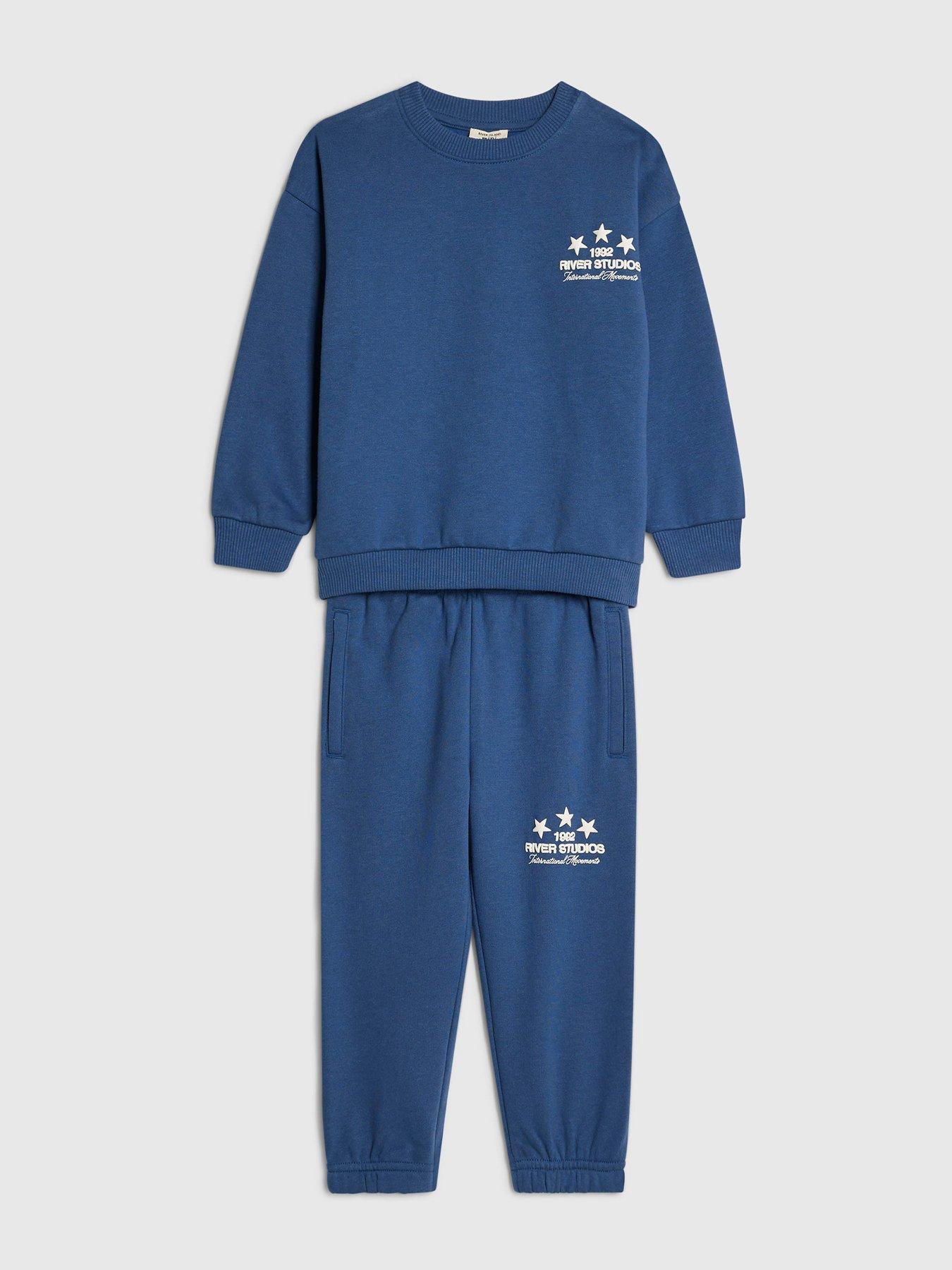 Image 3 of 5 of River Island Mini Boys River Studios Logo Sweatshirt Set - Blue