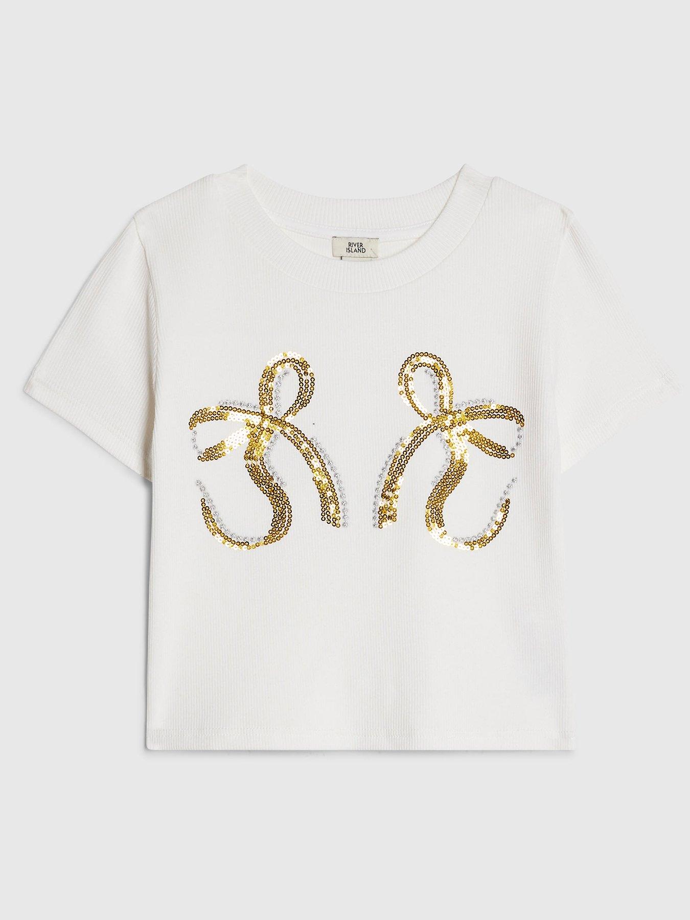 Image 1 of 4 of River Island Girls Sequin Bow T-Shirt - White