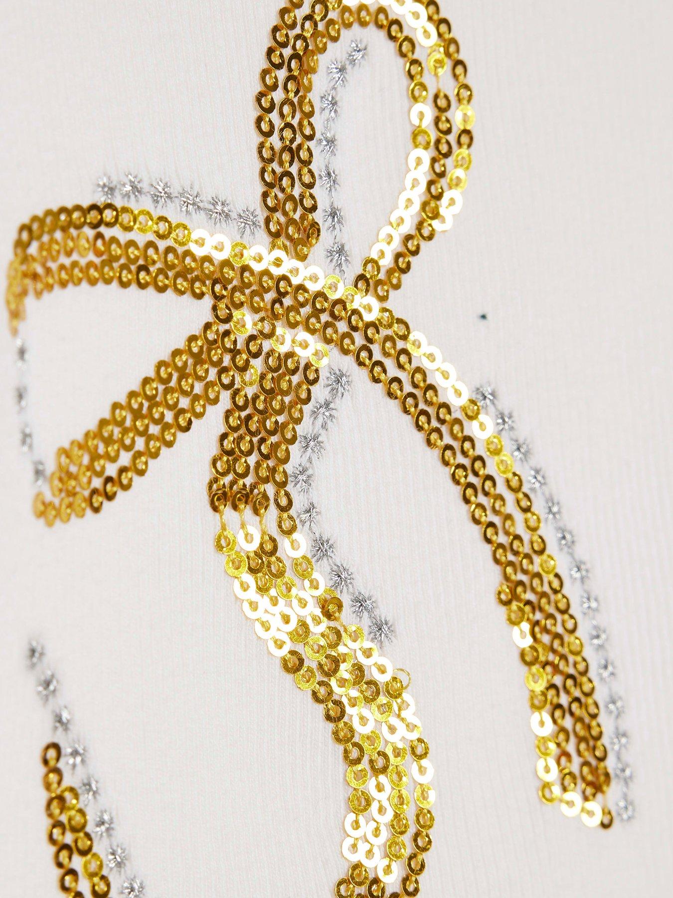 Image 4 of 4 of River Island Girls Sequin Bow T-Shirt - White