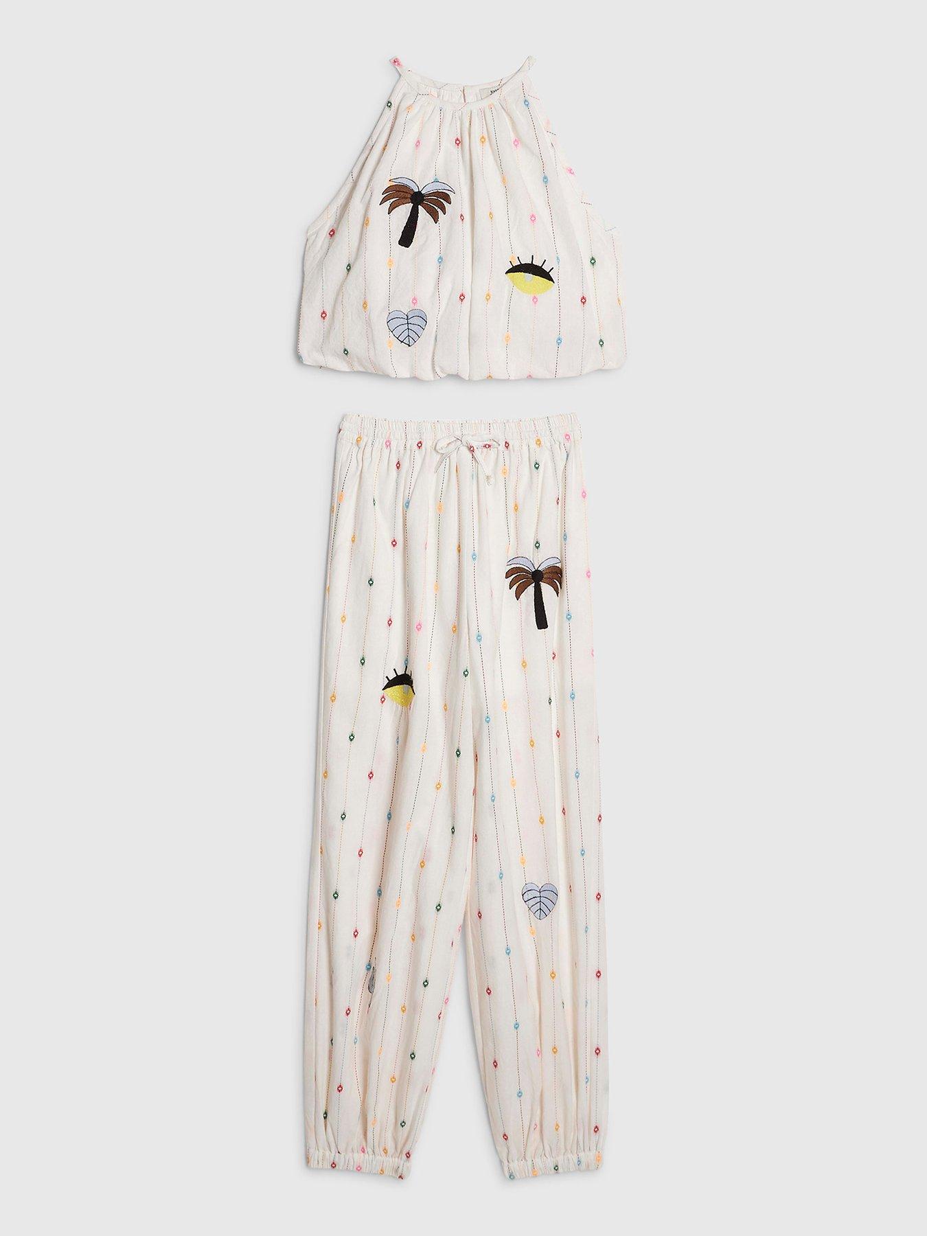 River Island Older Girls Stripe Embroidered Hareem Top Set - Cream