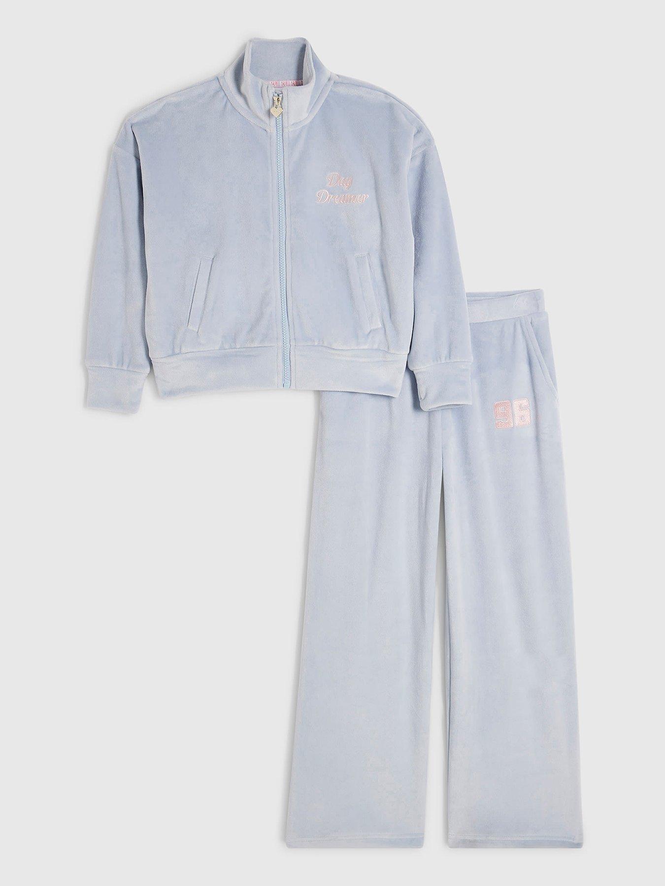 Image 1 of 5 of River Island Girls Velour Flared Trousers Set - Blue