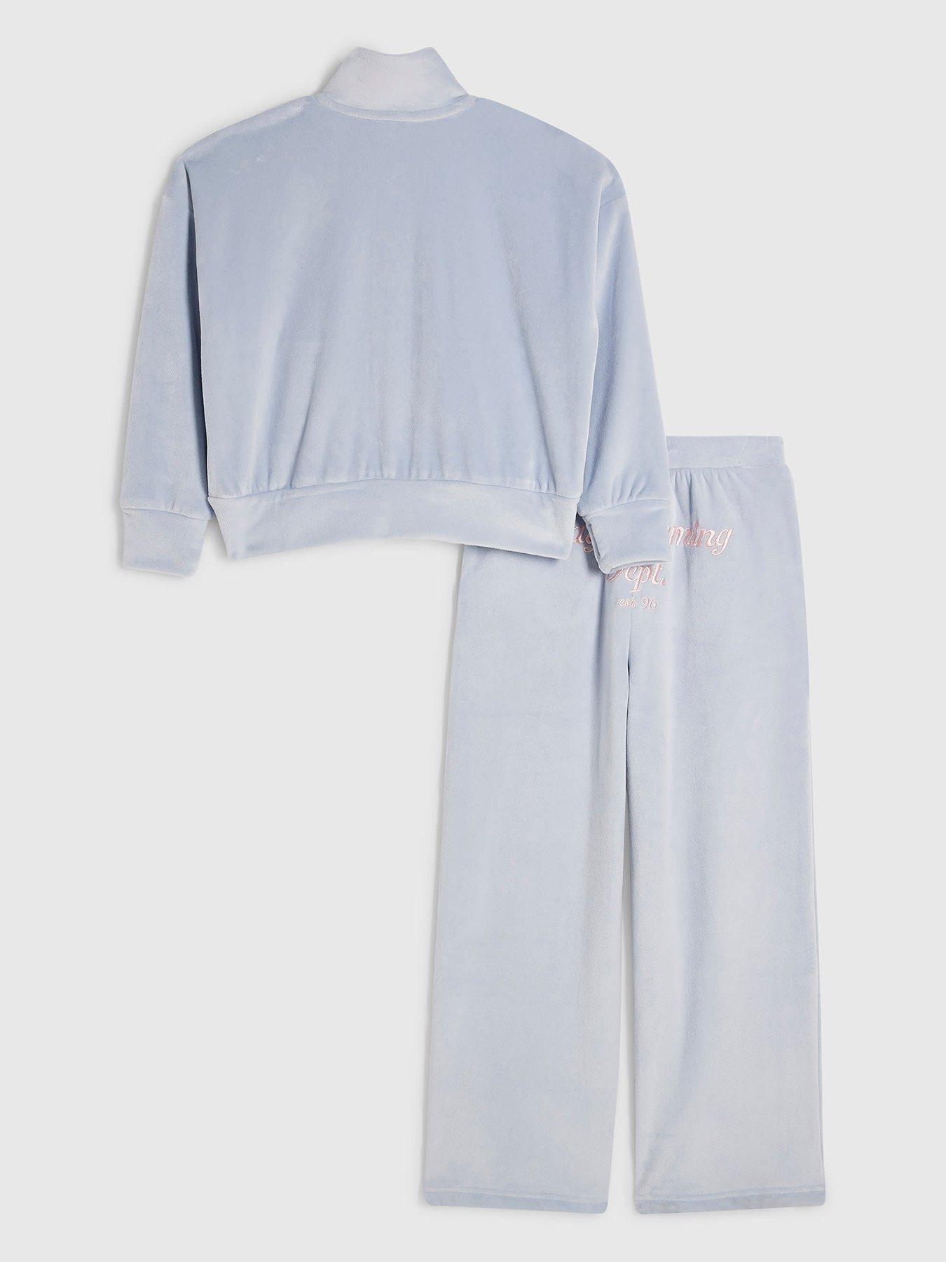 Image 2 of 5 of River Island Girls Velour Flared Trousers Set - Blue