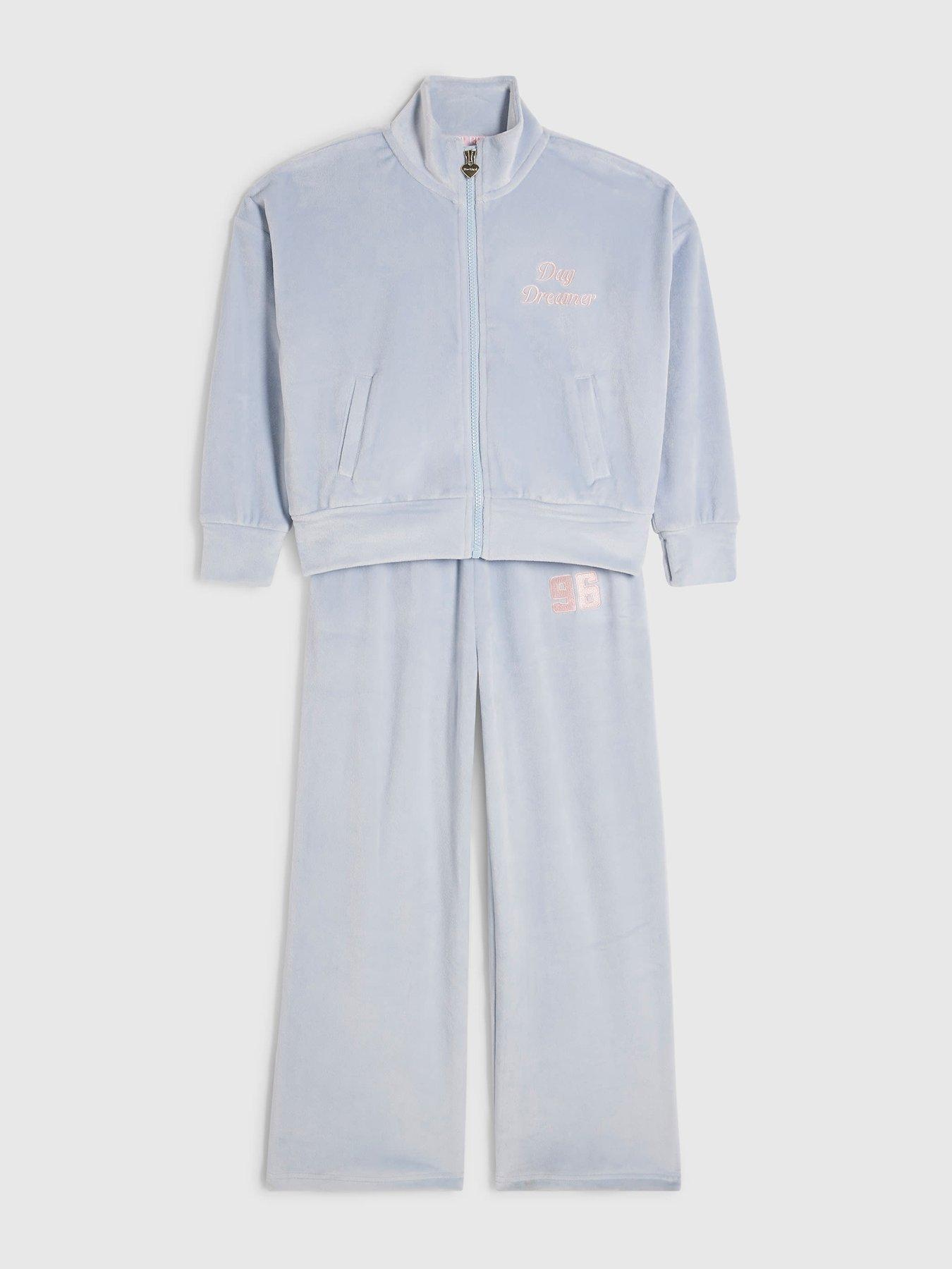 Image 3 of 5 of River Island Girls Velour Flared Trousers Set - Blue