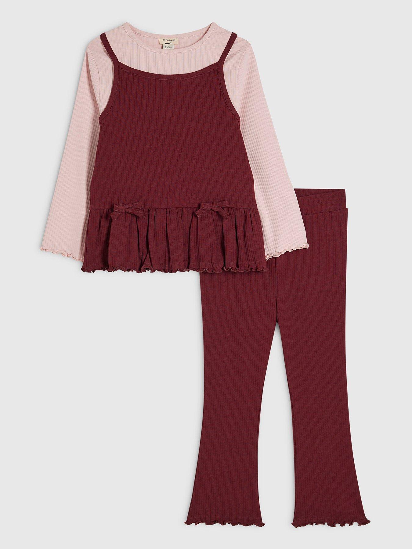 River Island Mini Mini Girls Burgundy Ribbed Top & Trouser Set - Burgundy in Red