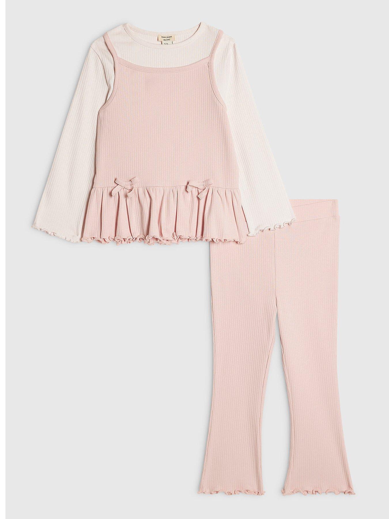 Image 1 of 5 of River Island Mini Girls Ribbed Top &amp; Leggings Set - Pink
