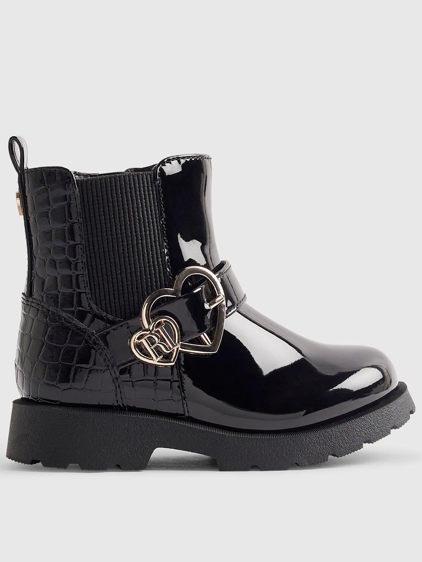 River Island Mini Girls Heart Buckle Chunky Sole Zip Boots - Black
