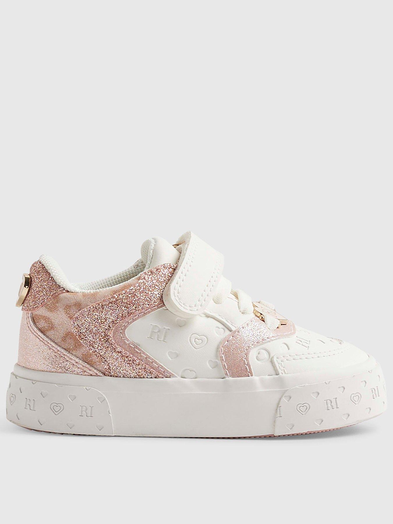 Image 1 of 5 of River Island Mini Mini Girls Monogram Glitter Trainers - White