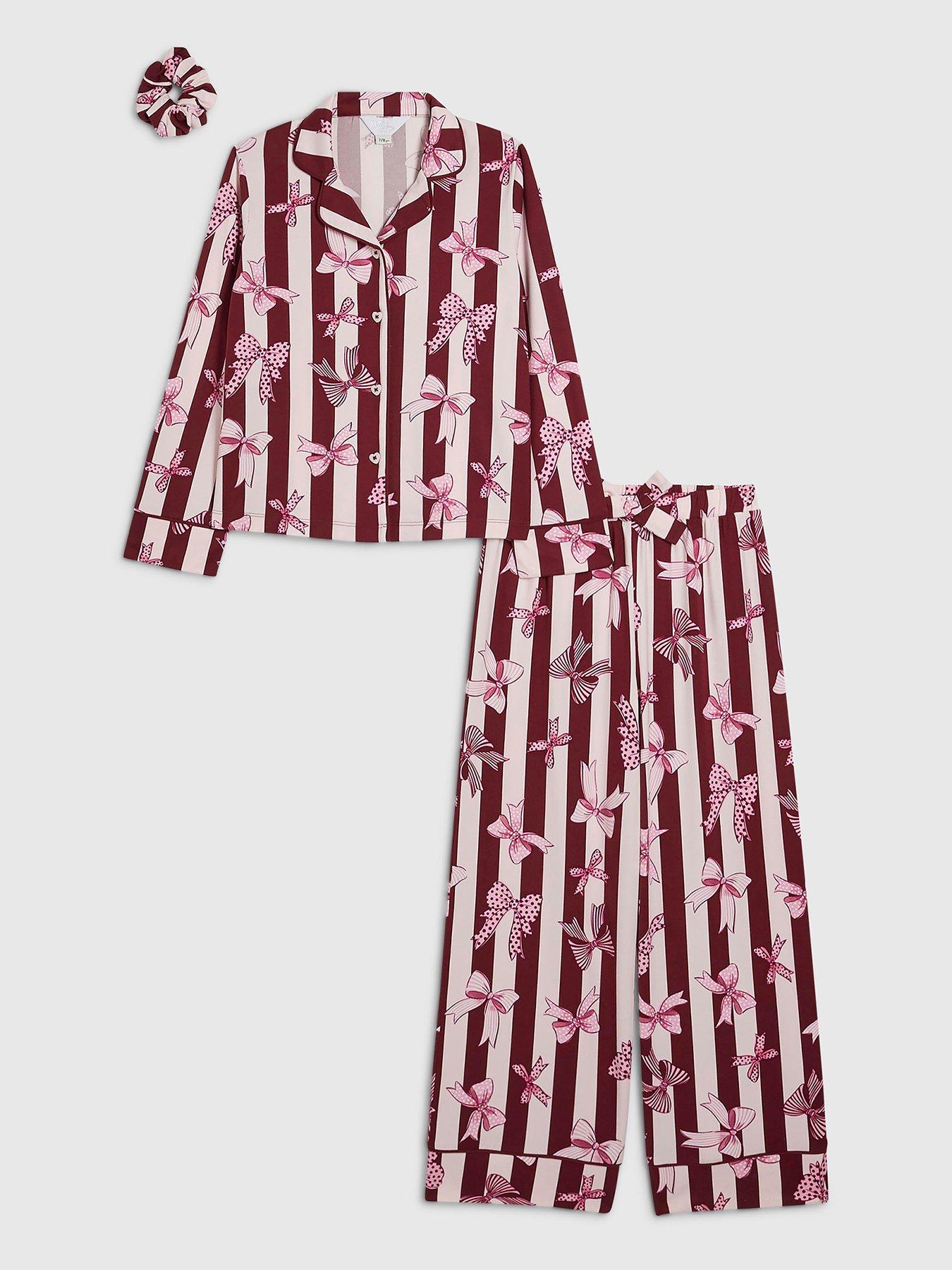River Island Girls Burgundy Bow Button Up Pyjamas Set - Burgundy in Red
