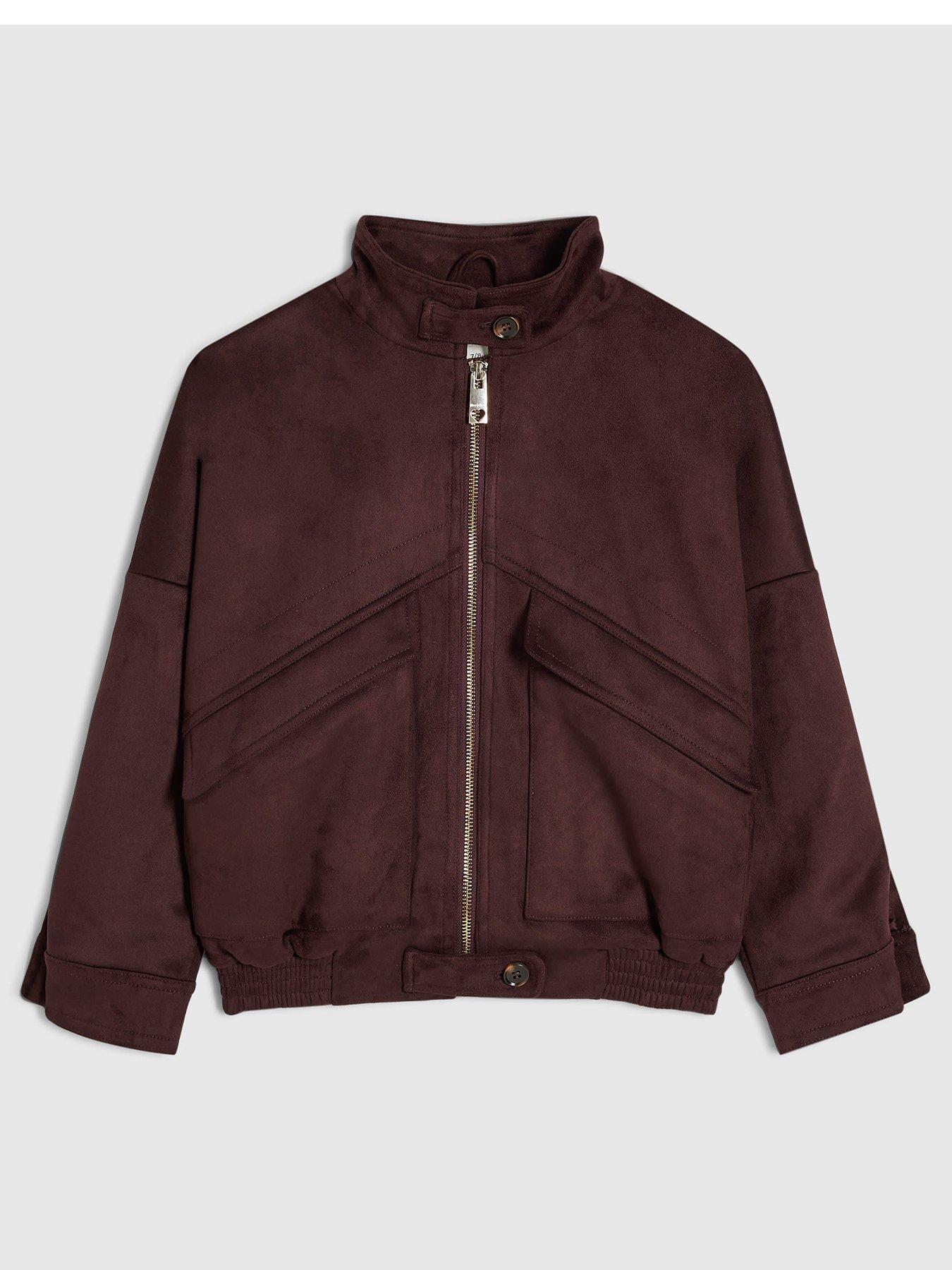 Image 1 of 4 of River Island Girls Faux Suede Zip-Through Bomber Jacket - Burgundy