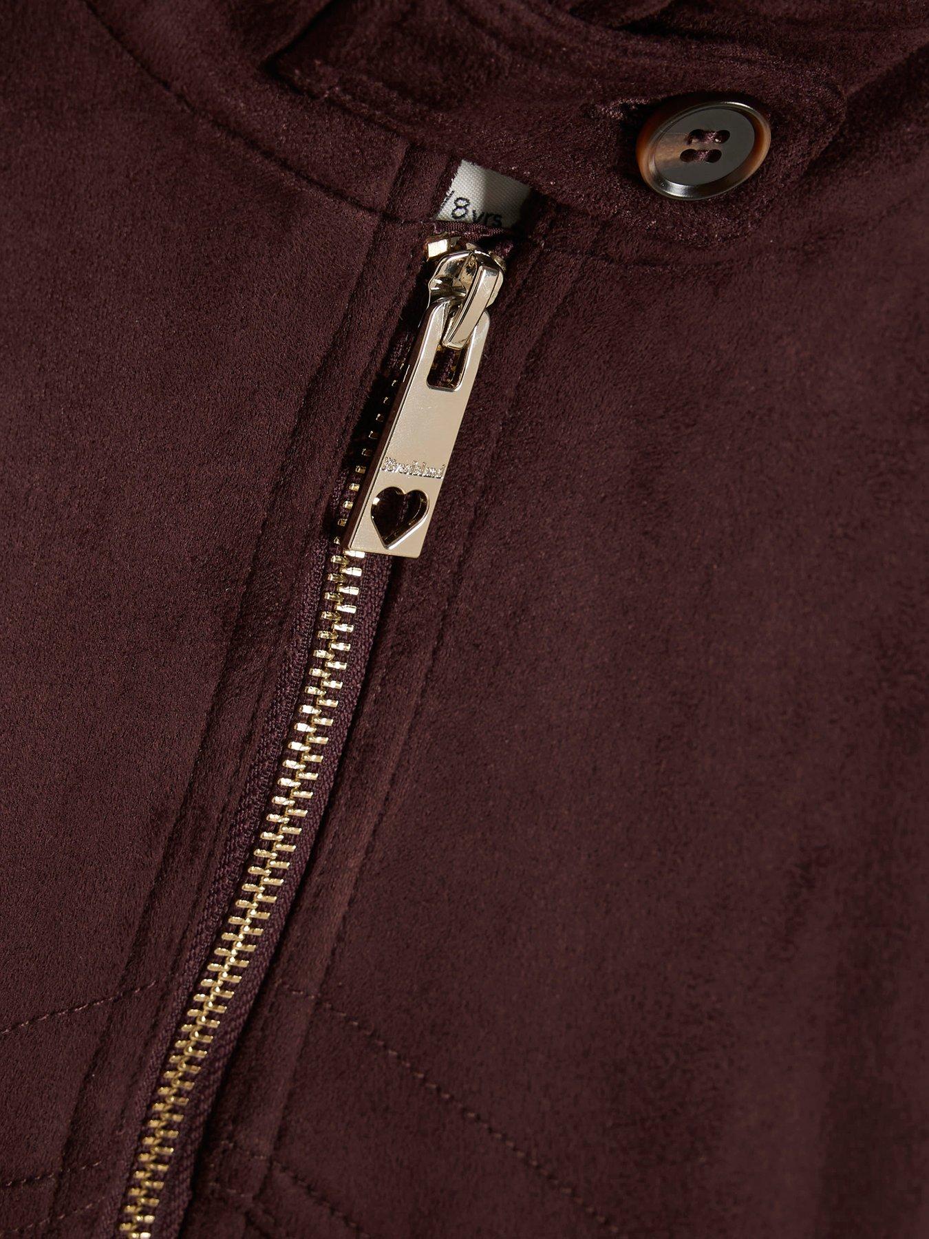 Image 4 of 4 of River Island Girls Faux Suede Zip-Through Bomber Jacket - Burgundy