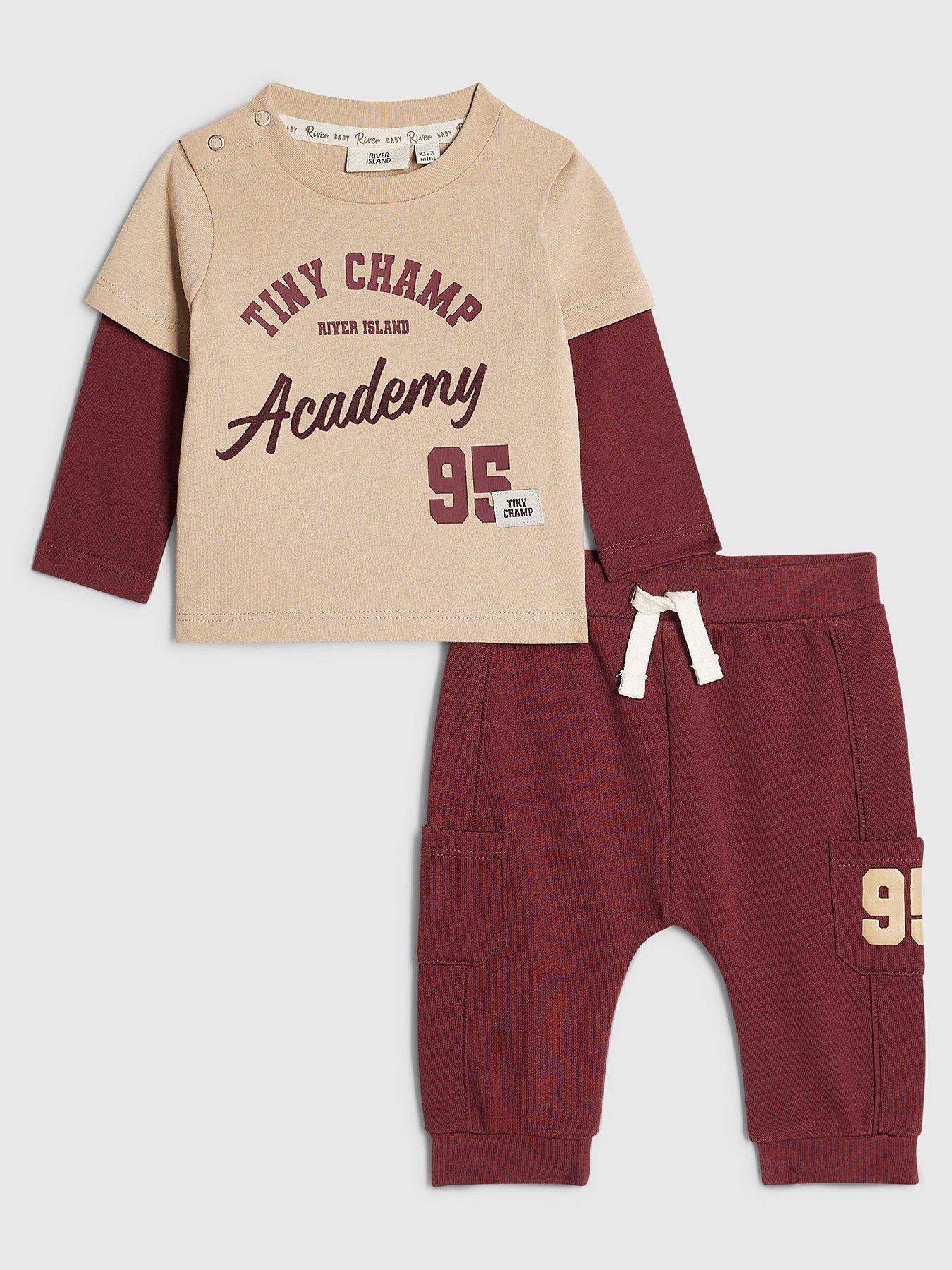 River Island Baby Baby Boys Brown Tiny Champ 95 T-Shirt Set - Burgundy in Red