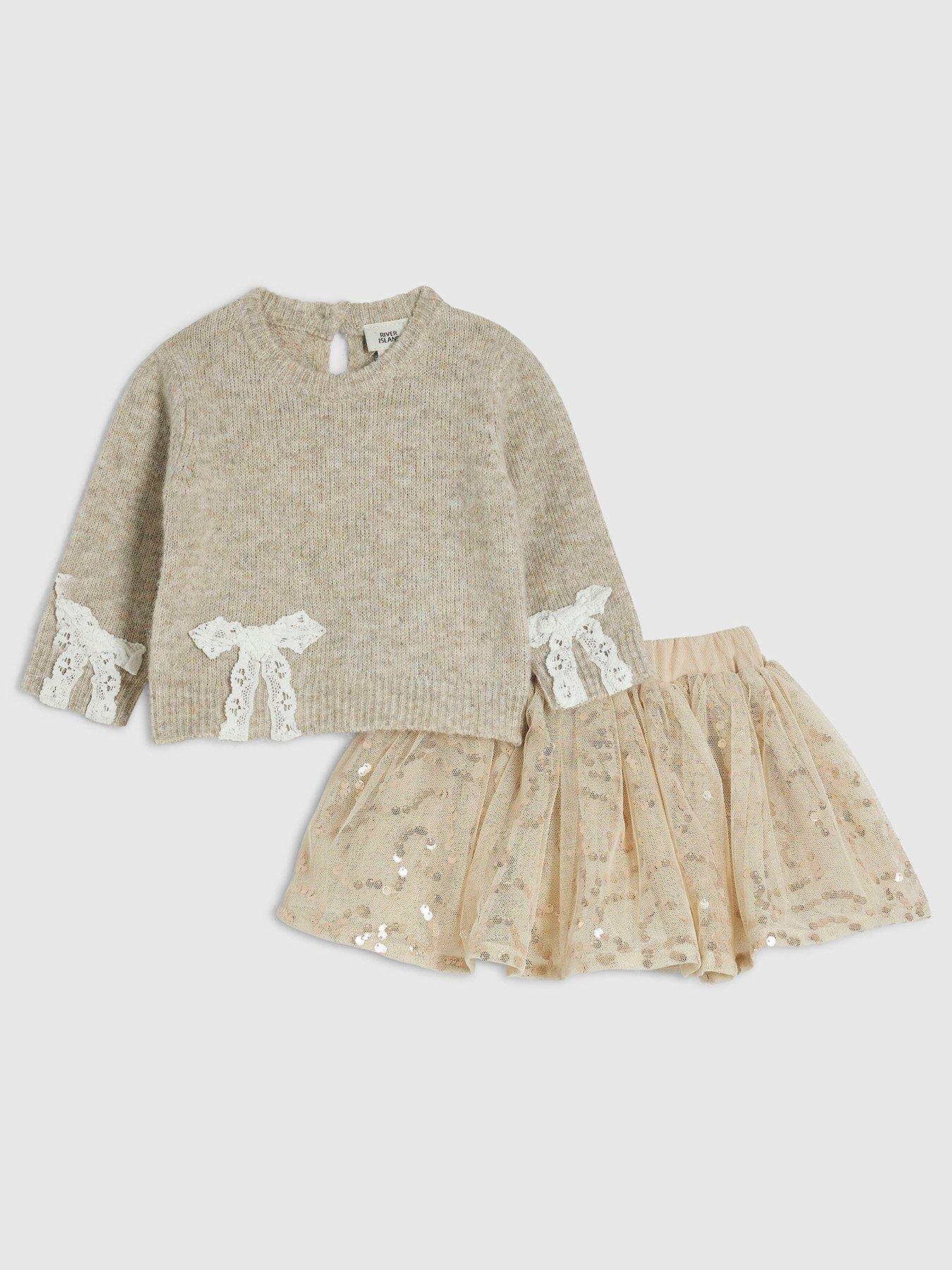 River Island Baby Girls Bow Jumper Sparkly Tutu Set - Beige