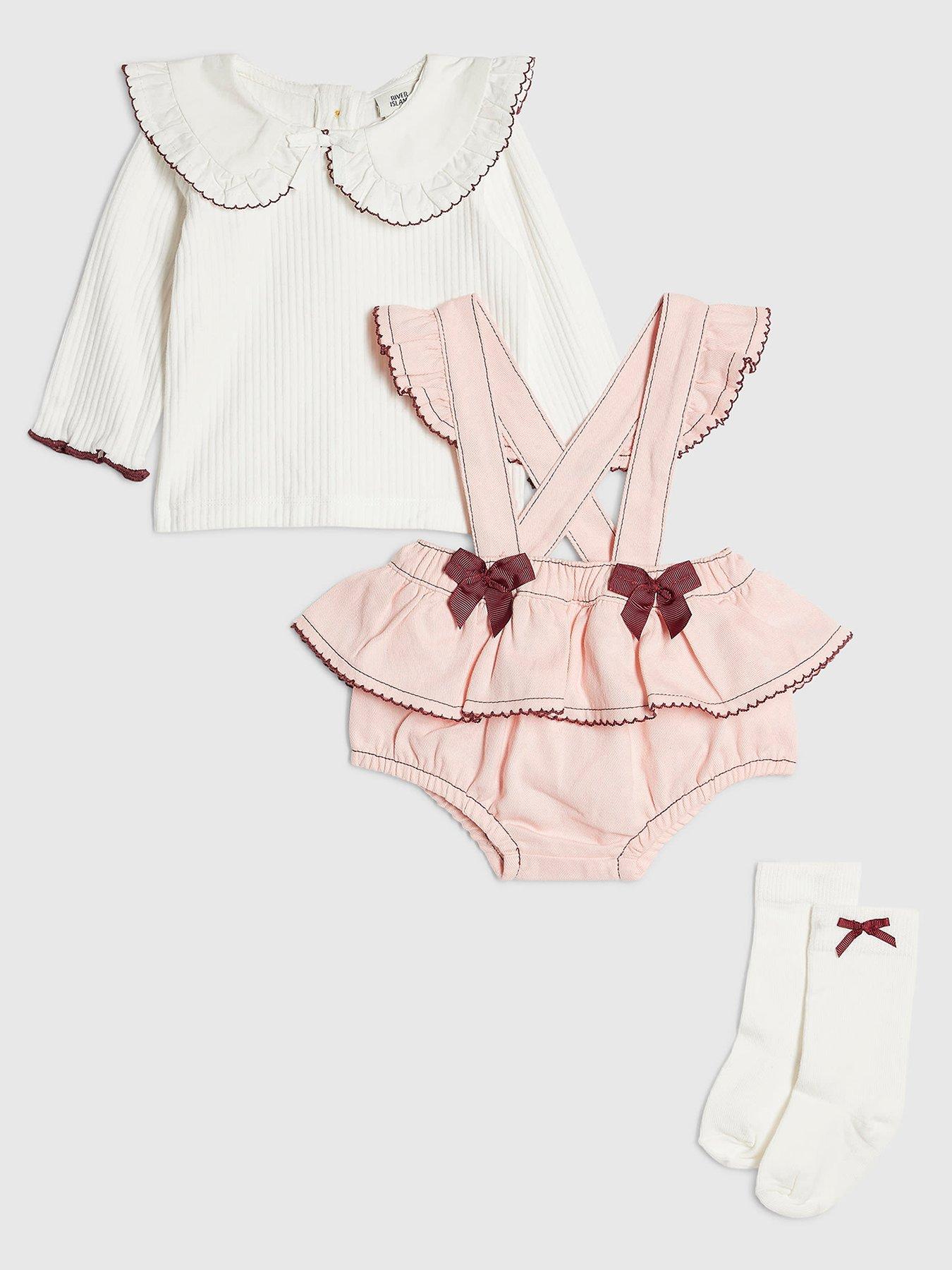 Image 1 of 5 of River Island Baby Girls River Island Mini Bow Frill 3 Piece Set Babygrow - Pink