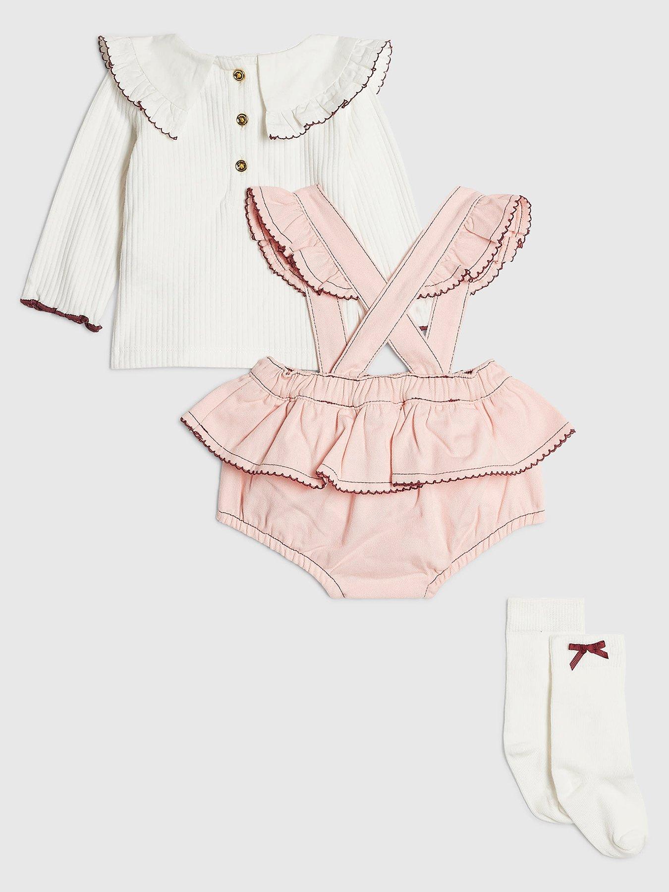 Image 2 of 5 of River Island Baby Girls River Island Mini Bow Frill 3 Piece Set Babygrow - Pink