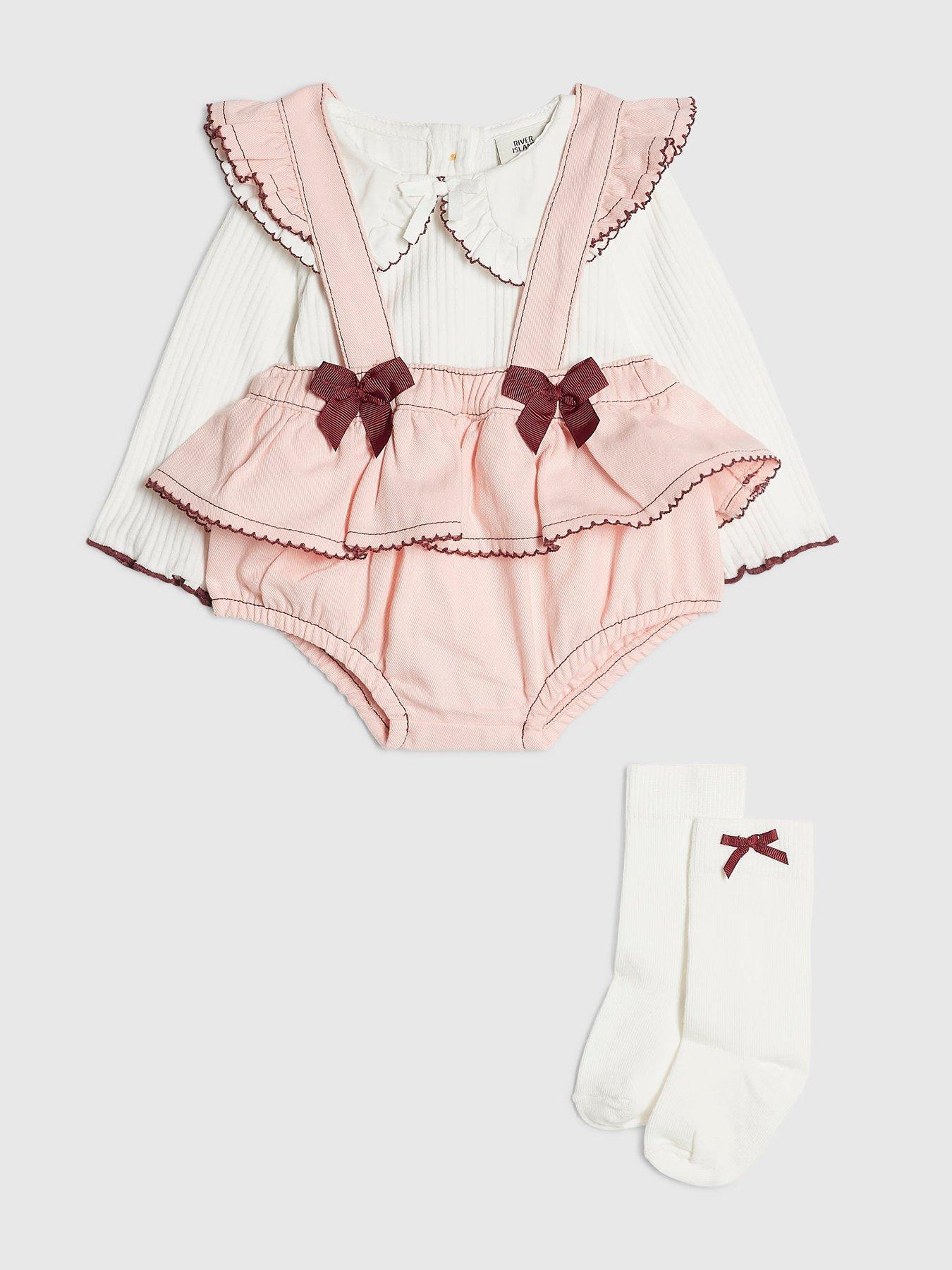 Image 3 of 5 of River Island Baby Girls River Island Mini Bow Frill 3 Piece Set Babygrow - Pink