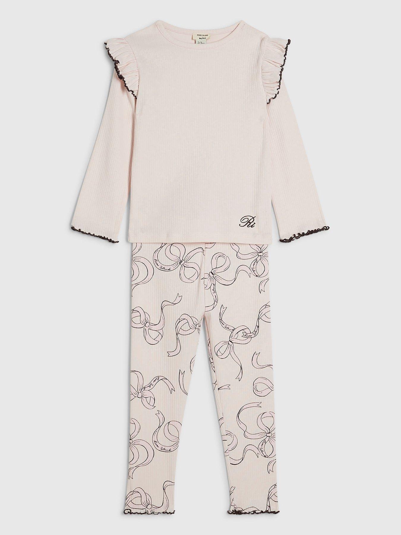 River Island Mini Girls Bow Frill Ribbed T-Shirt Set - Pink