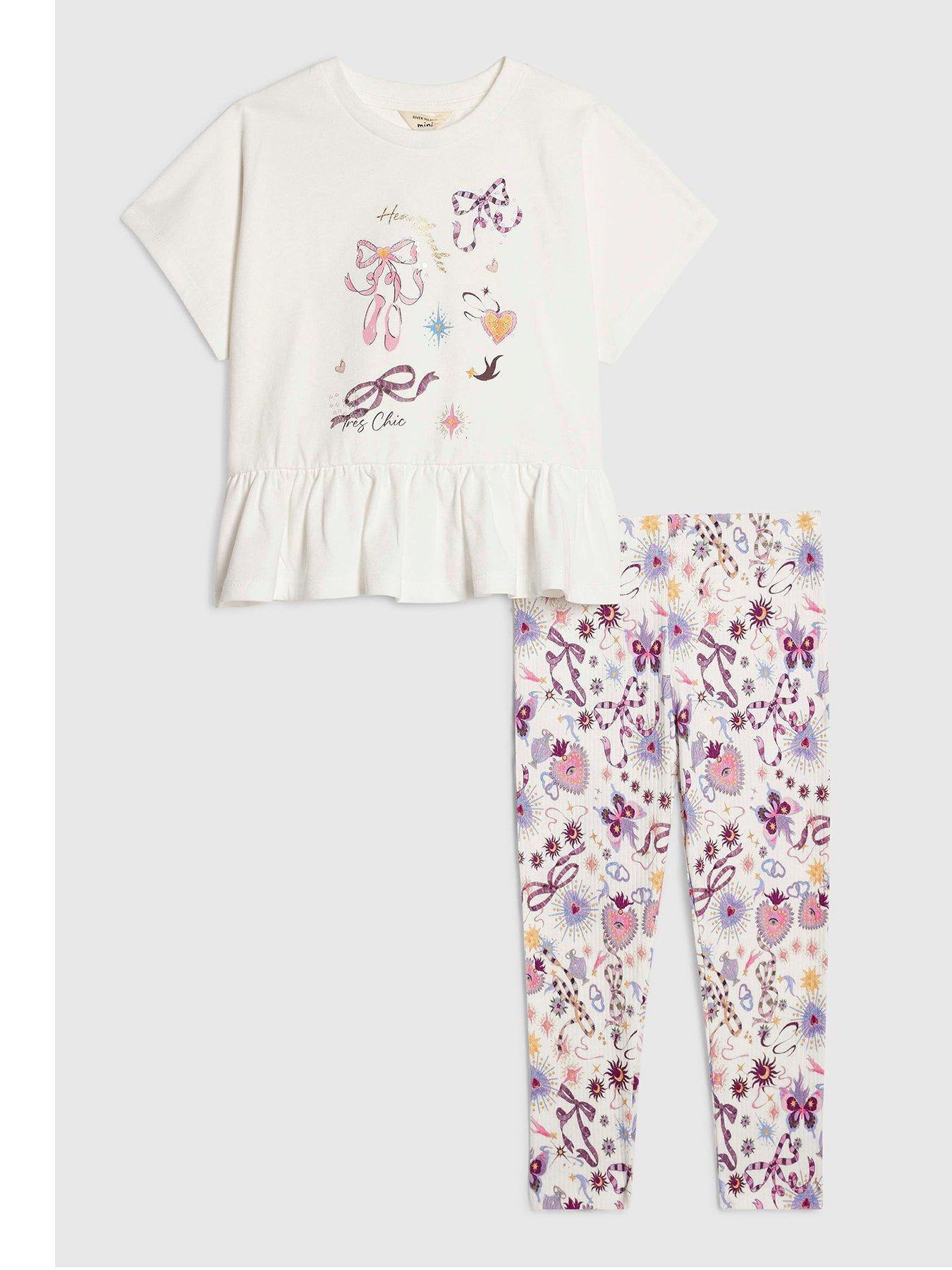 River Island Mini Girls Bow Print Leggings Set - Cream