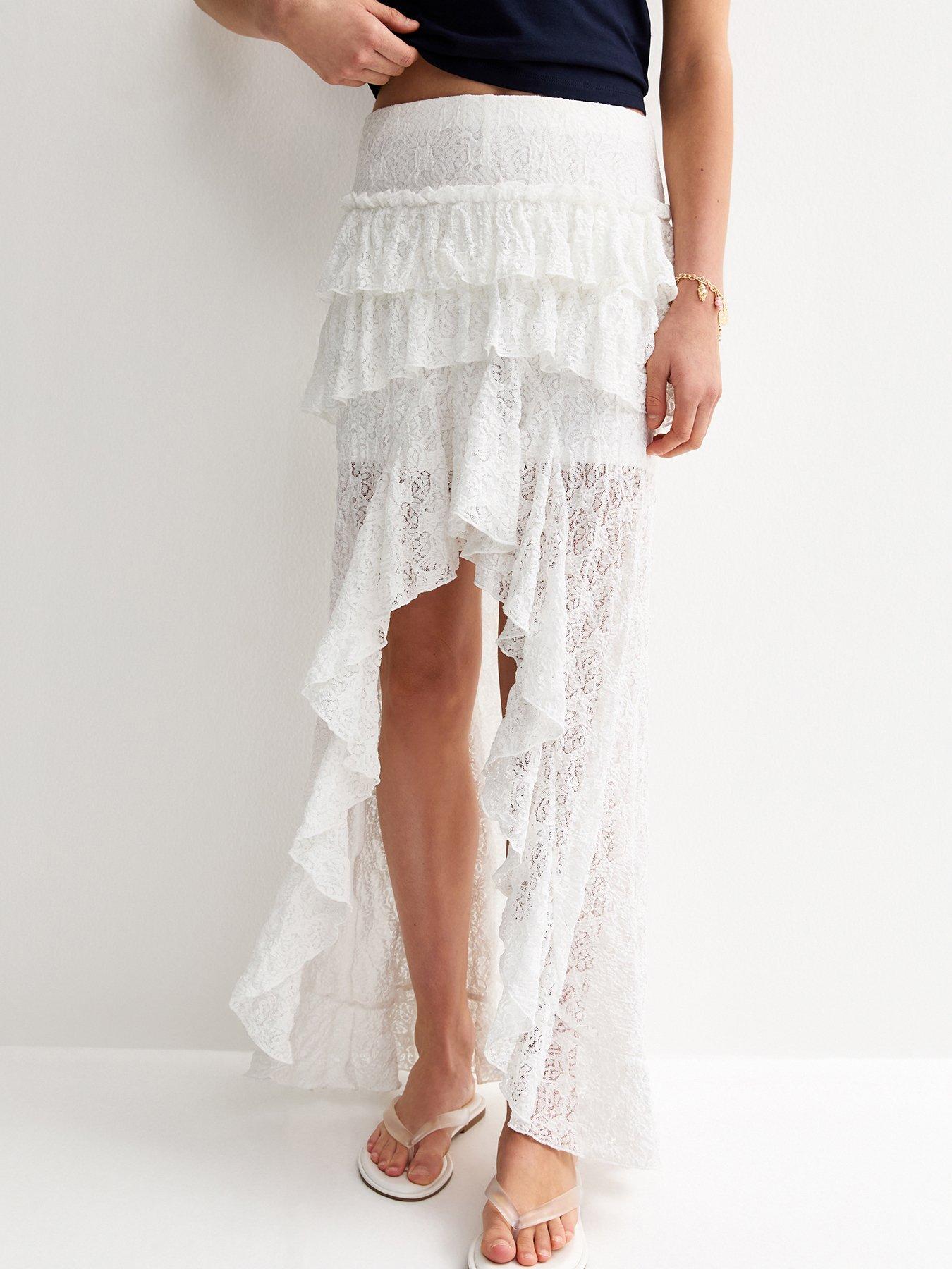 New Look 915 Girls White Lace Asymmetric Hem Maxi Skirt