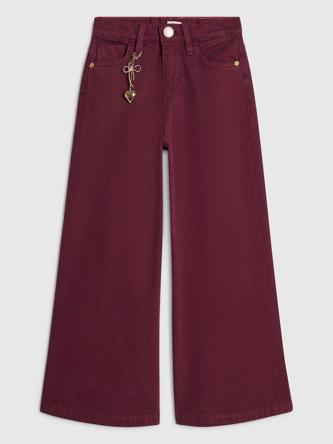 Image 1 of 4 of River Island Girls Bow Charm Wide Leg Jeans - Red