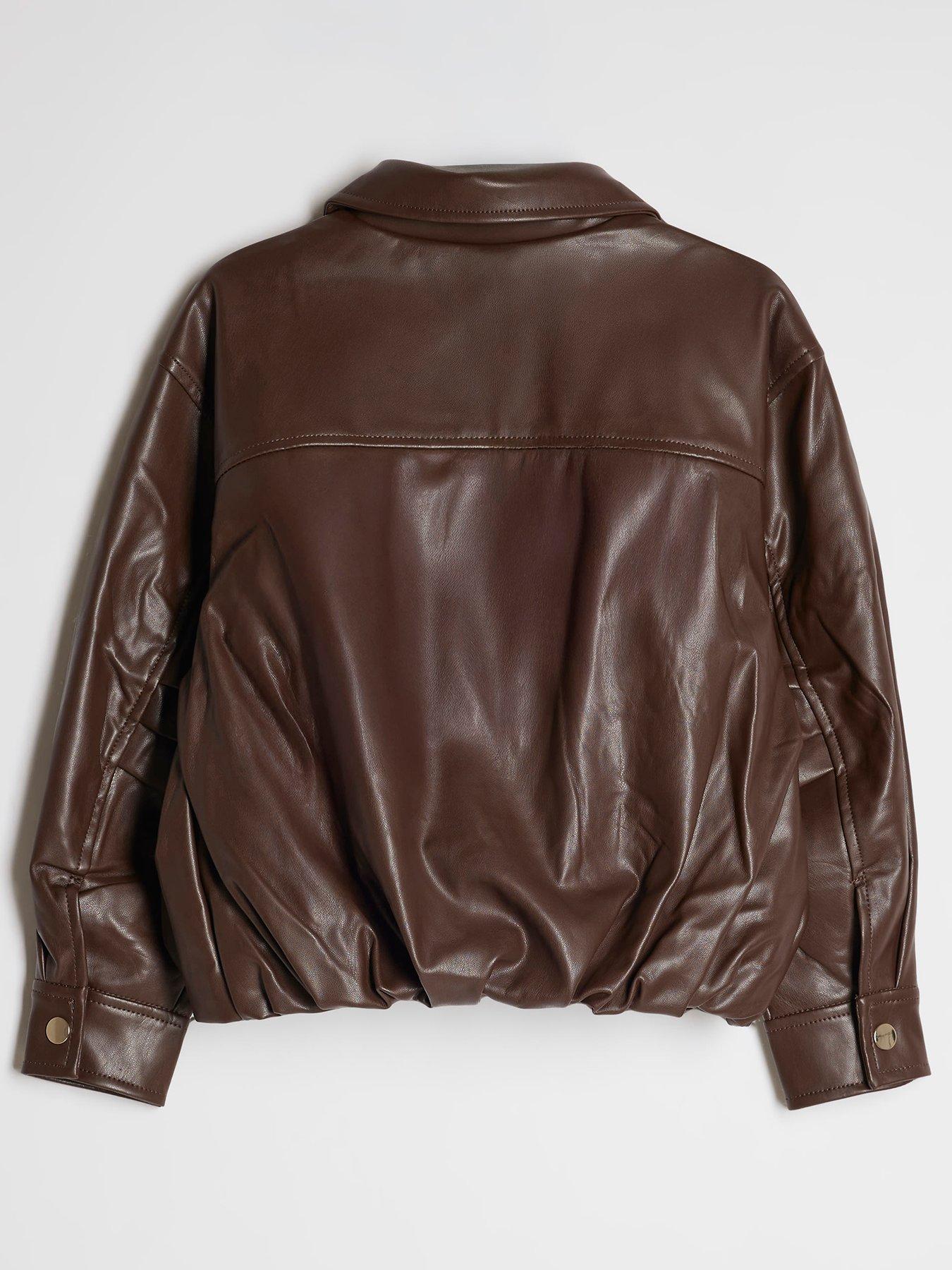 Image 2 of 4 of River Island Girls Faux Leather Bubble Bomber Jacket - Brown