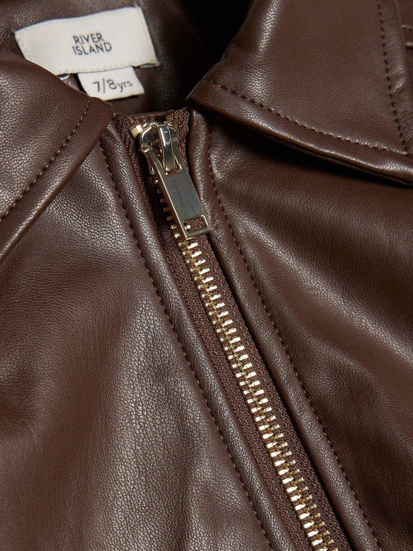 Image 4 of 4 of River Island Girls Faux Leather Bubble Bomber Jacket - Brown