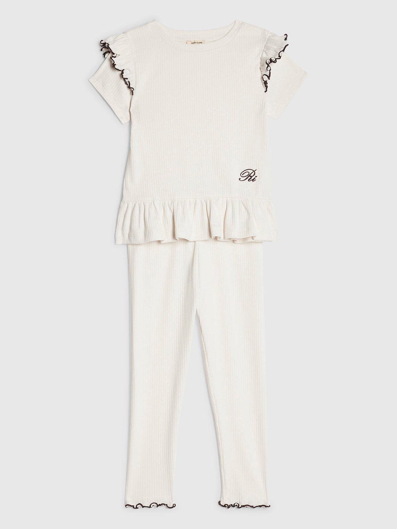 Image 1 of 4 of River Island Mini Mini Girls Cream Frilled Ribbed Top Set - Cream