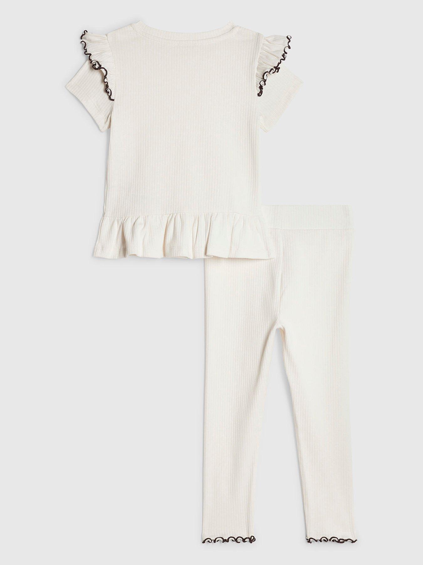 Image 2 of 4 of River Island Mini Mini Girls Cream Frilled Ribbed Top Set - Cream