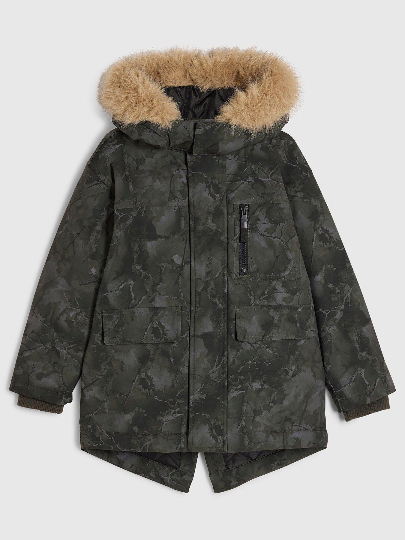 River Island Boys Camo Faux Fur Hood Popper Zip Parka Coat - Green