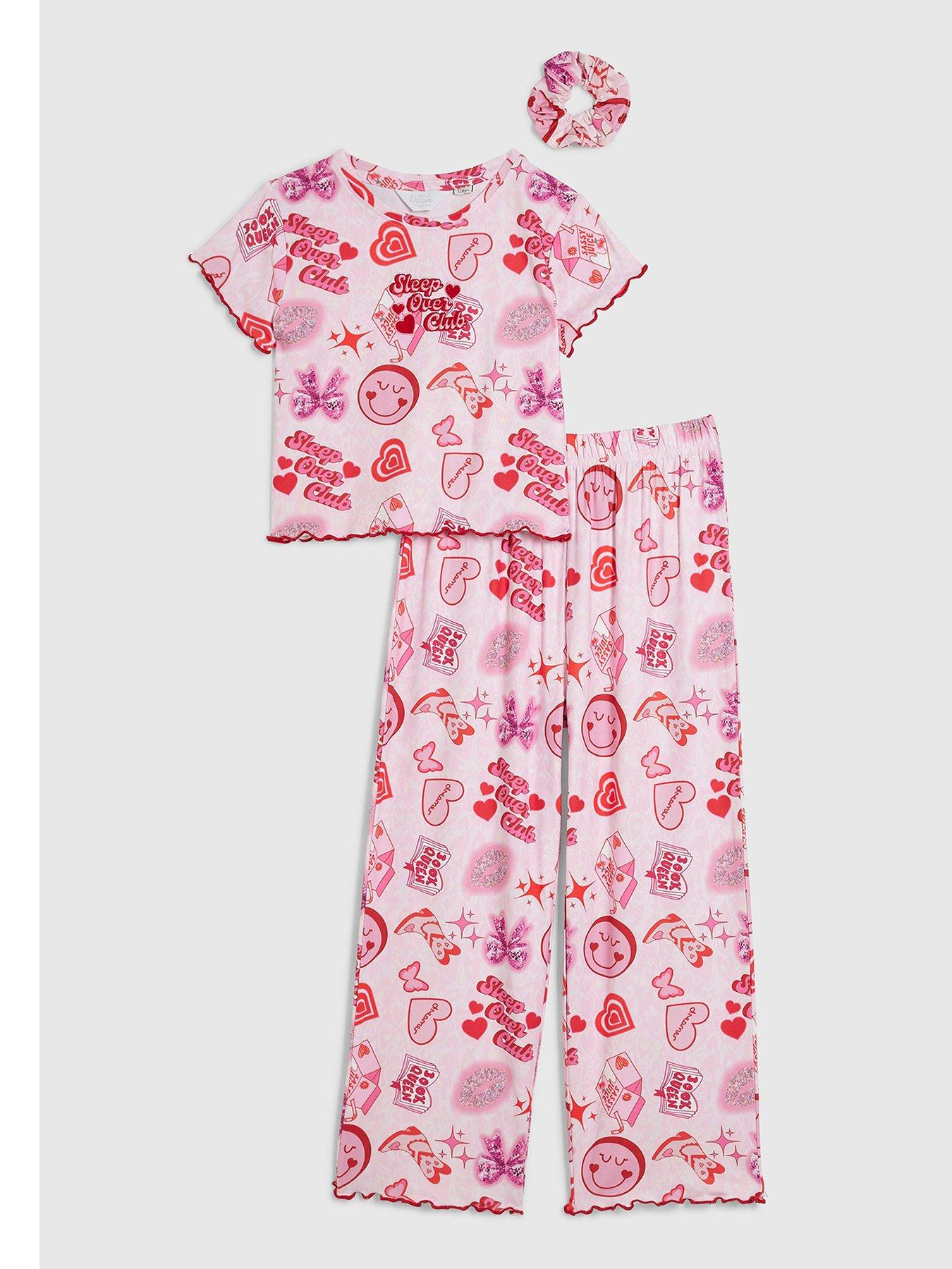 River Island Girls Pink Glitter Graffiti Pyjamas Set - Pink