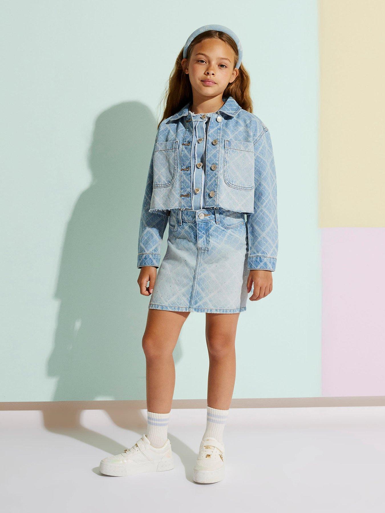 River Island Girls Blue Embellished Check Denim Jacket - Blue